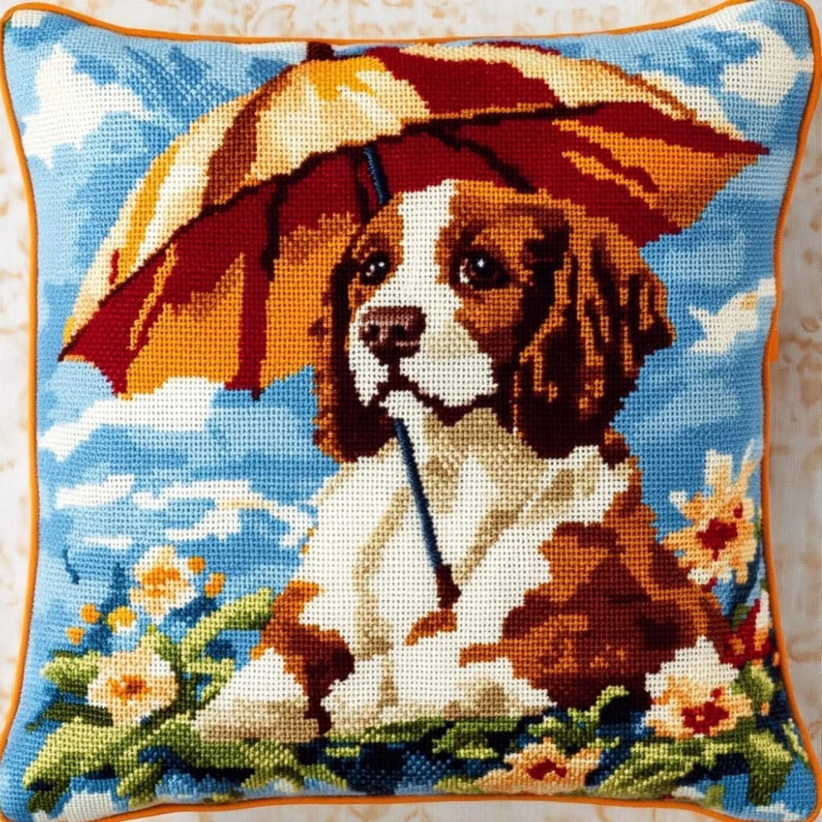 WallustrioaW Embroidery kit Cross Stitch Cushion kit,A Dog with an Umbrella,Cross Stitch Pillow Tapestry Cross Stitch,Home Decor Gifts,45x45cm