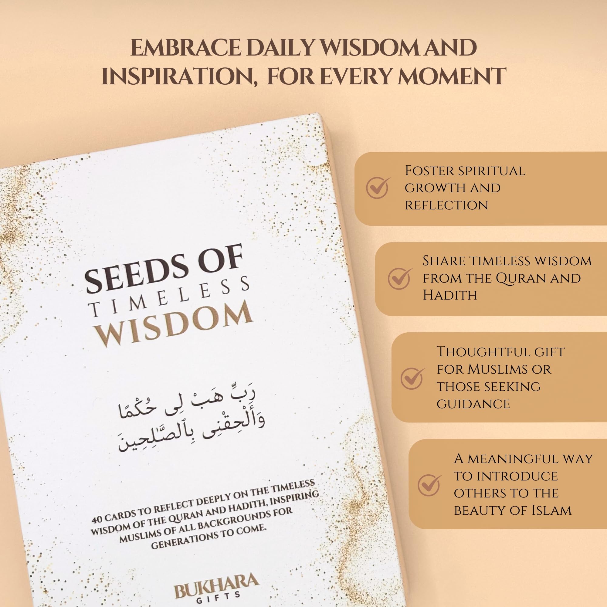 Islamic Wisdom Cards – Beautiful Gift Set with 40 Quran & Hadith Based Quotes for Spiritual Reflection, Ramadan & Eid | Premium Box + Wooden Stand