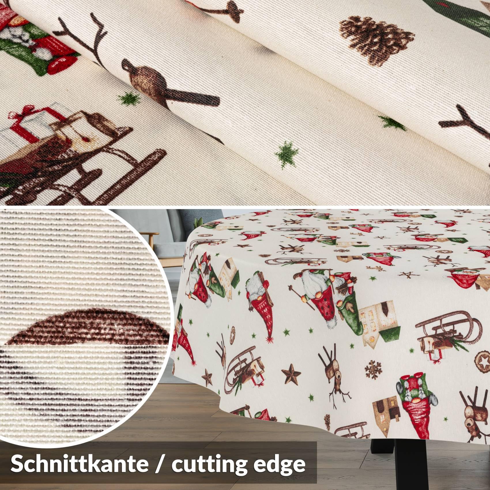 Tischdecke Weihnachten Weihnachtstischdecke Abwaschbar Lotuseffekt Wasserabweisend Tischtuch Pflegeleicht Baumwolle Polyester Rot 400x140cm