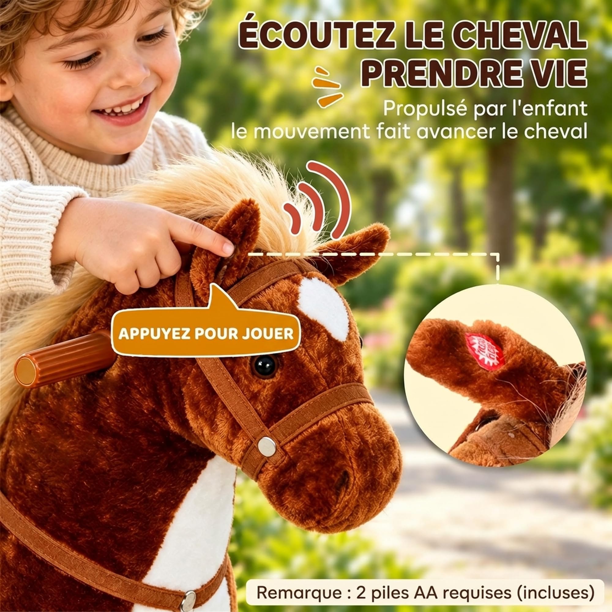 HOMCOM Cheval à Monter pour Enfant Sons Réalistes 24+ Mois 75 cm Marron