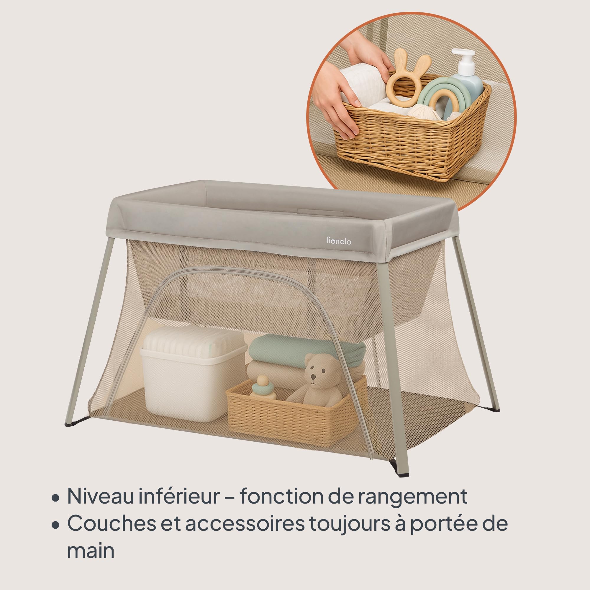 lionelo Lit de Voyage Bébé Parc Enfant 3en1 Alice de 0 à 15 kg Matelas en Mousse, 2 Niveaux de Hauteur, Pliable, Petit, Léger, Entrée Latérale, Sac de Voyage (Beige)