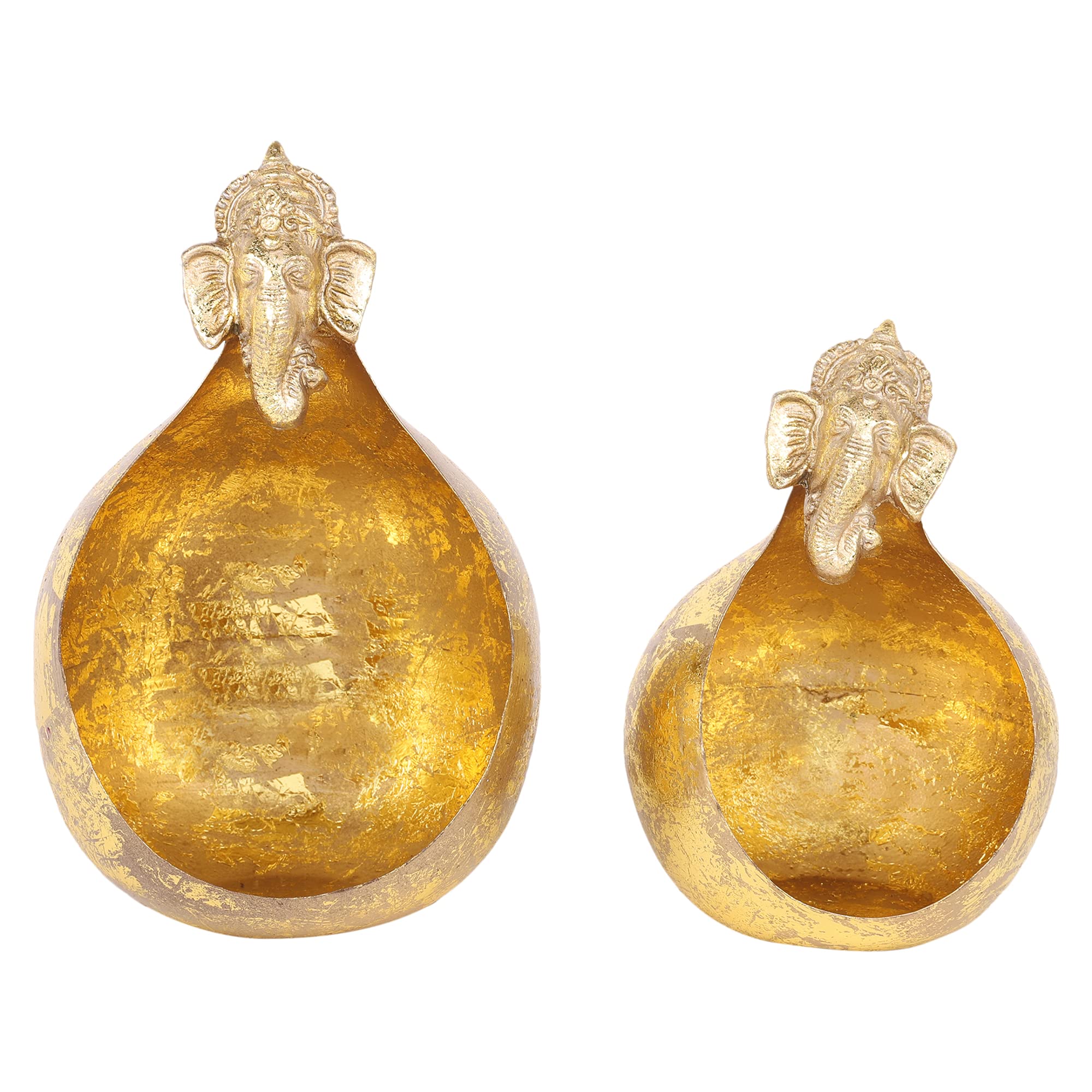 KREATIVE ART’S Ganesha Candle Holder Set of 2pcs (Crackle Gold Leafing)