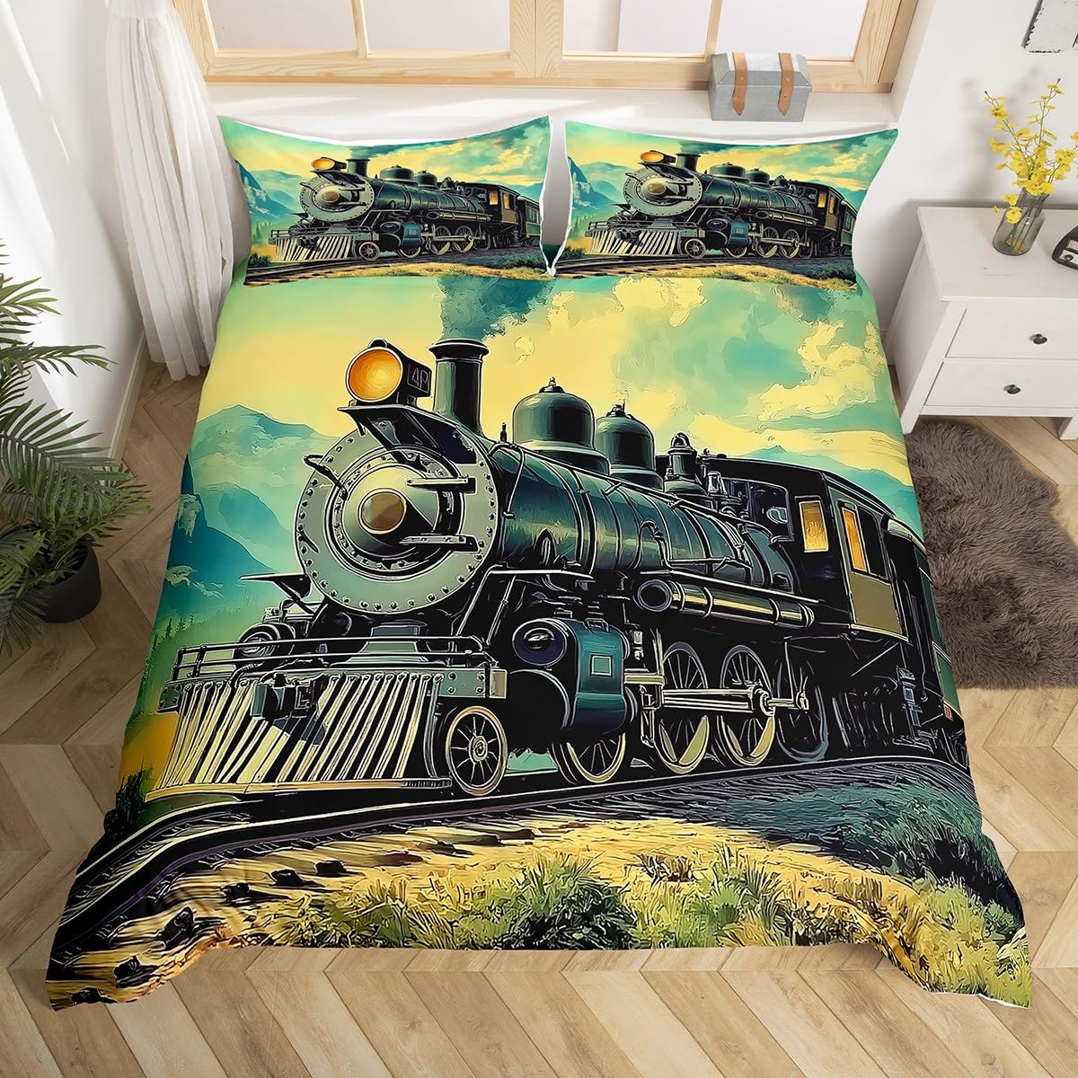 Homewish Boys Train Bedding Set Super King,Vintage Steam Train Duvet Cover for Kids Adults,Railroad Transportation Duvet Cover Mountain Bed Set with 2 Pillowcases Room Decor (No Comforter)