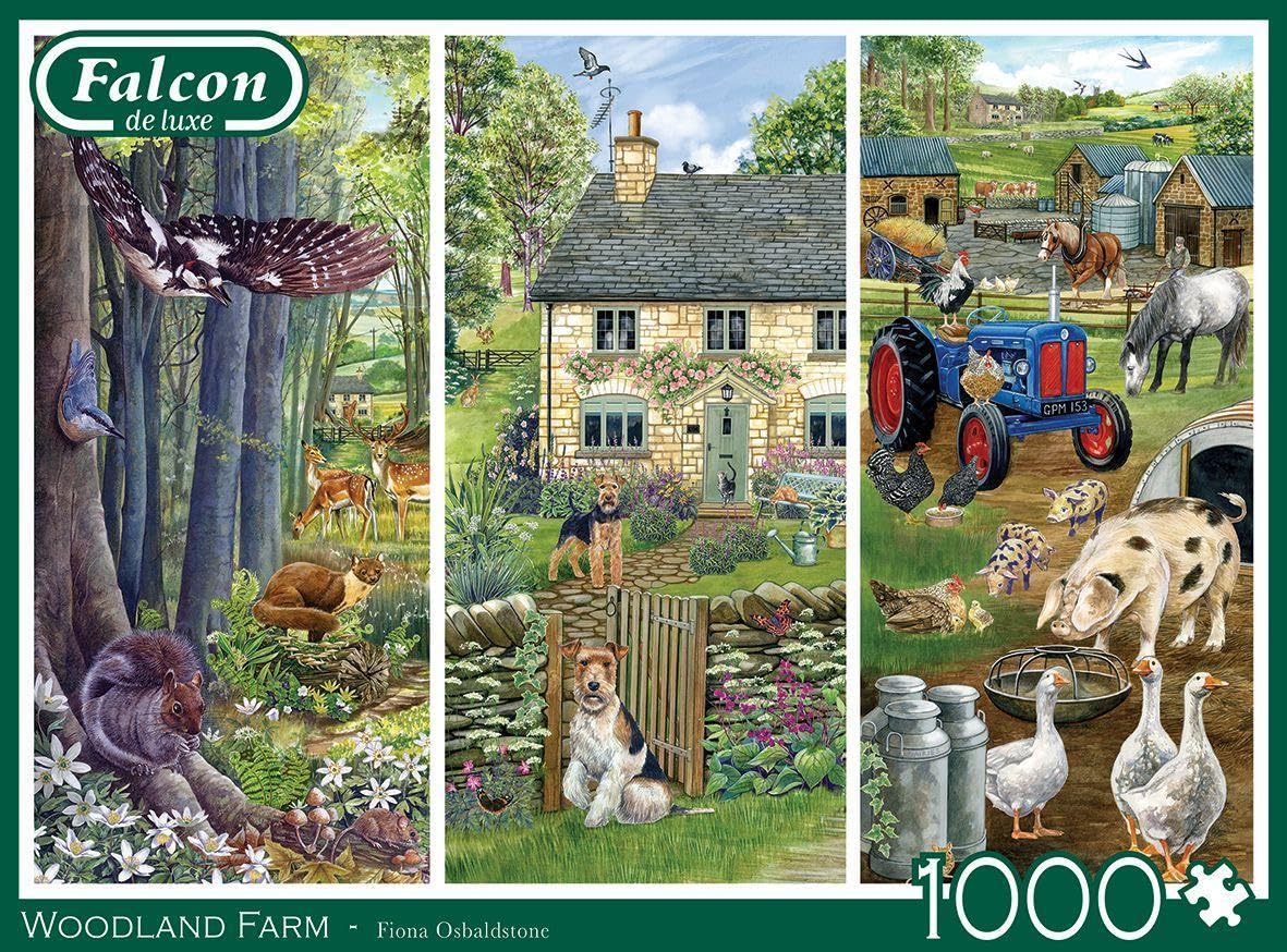 Falcon De Luxe - Woodland Farm 1000-Piece Jigsaw Puzzle-Fiona Osbaldstone Illustration -Picturesque Triptych Of Woodland Animals -Premium Recycled