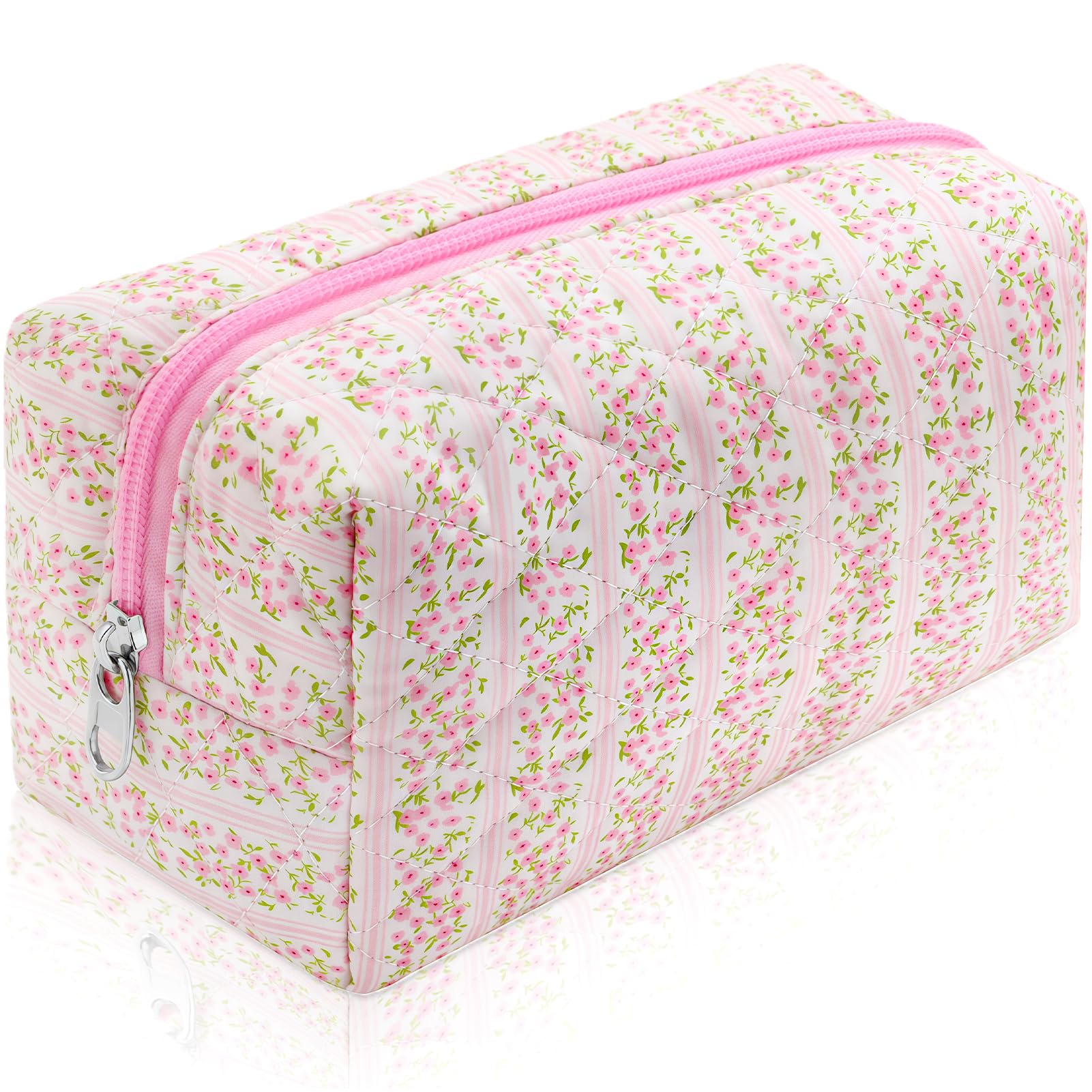 URSKYTOUS Cotton Quilted Makeup Bag Small Coquette Cute Floral Makeup Pouch Aesthetic Pink Flower Cosmetic Bag Zipper School Pencil Pouch Cloth Trendy