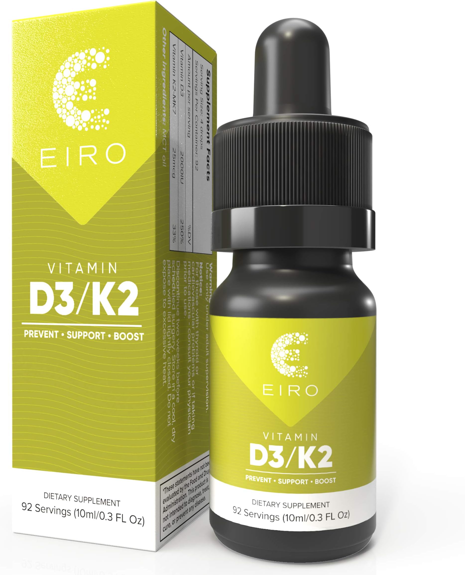 Eiro Vitamin D3 + K2 (MK7) │ D3 2000UI + K2 25mcg Per Serving │ Liquid Drop Supplement for Superior Absorption │Prevent • Support • Boost│