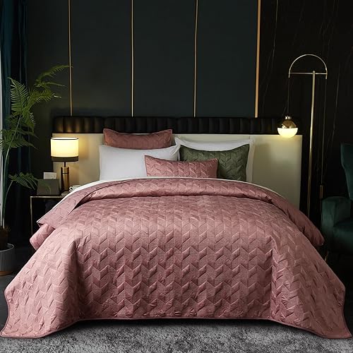 Miniatura 9 de Ivellow Edredón de terciopelo tamaño King, color rosa, ligero, reversible, para todas las estaciones, edredón de terciopelo de lujo de 3 piezas con