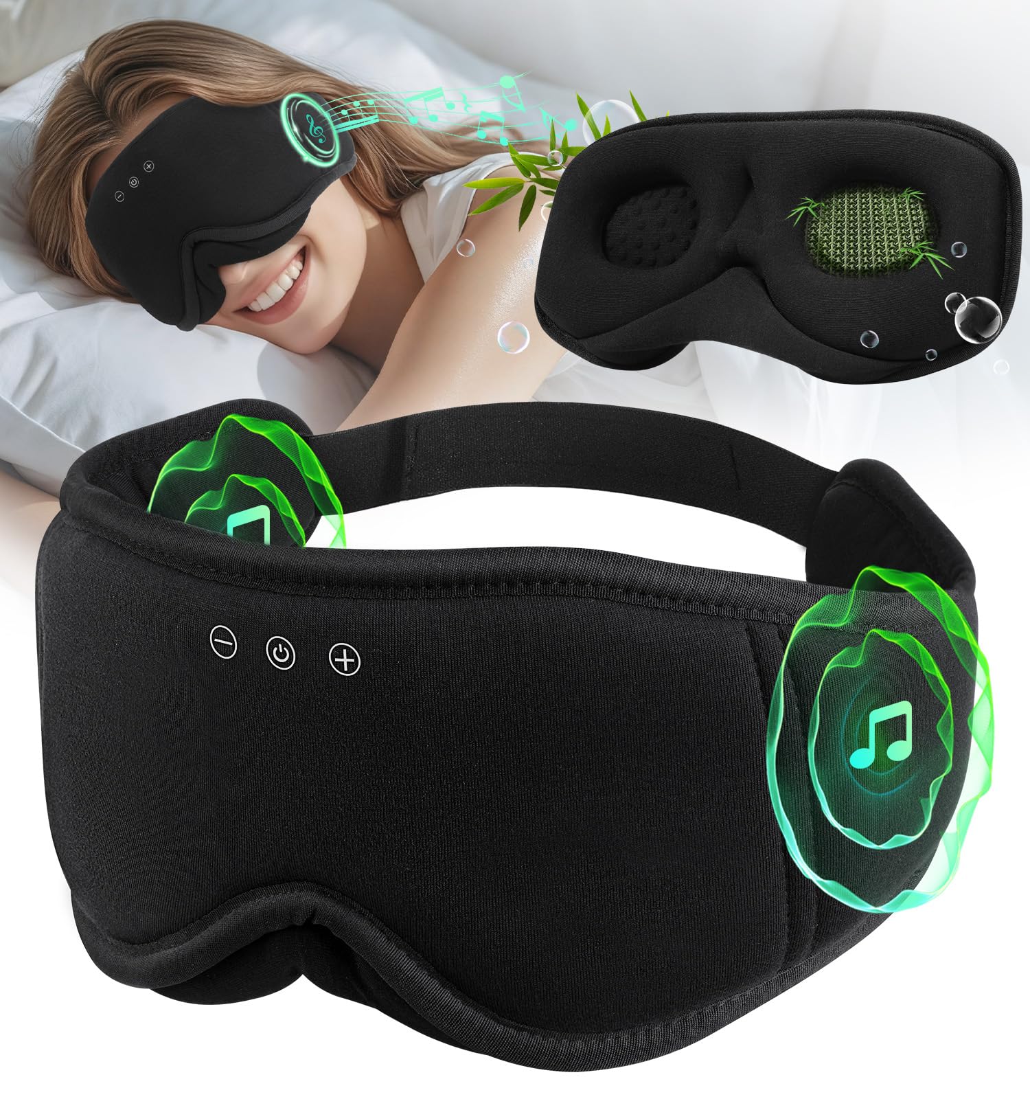 LC-dolida Bambou Masque de Sommeil Écouteur Bluetooth 5.4, 3D Masque de Nuit en Coton Bambou | Écouteurs de Sommeil Zero et 100% Blackout pour les Dormeurs Latéraux, les Voyages | Machine Lavable | Tissu doux 4D, respirant, zéro pression, occultation tota