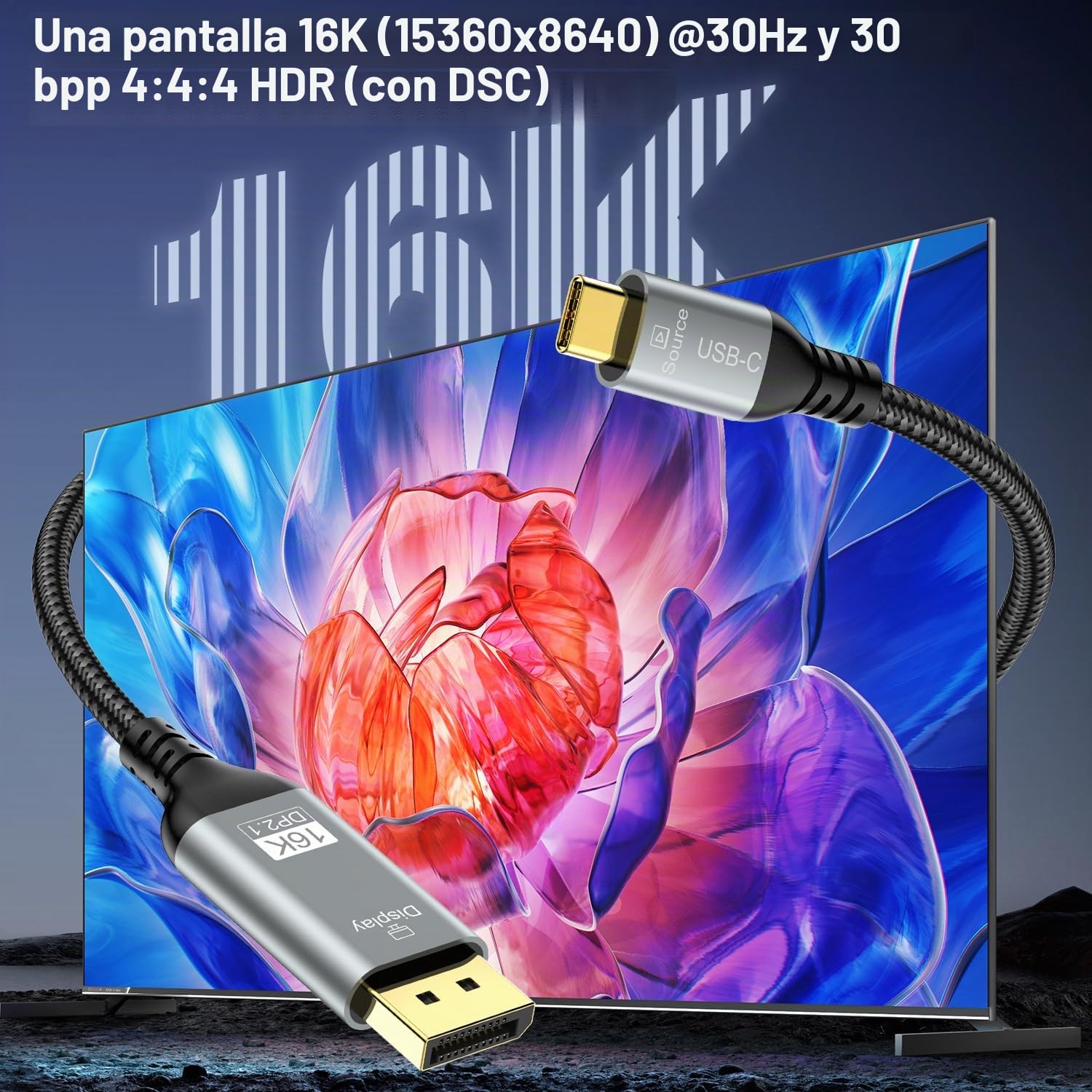 Cable USB C a DisplayPort 2.1, 16K 30Hz 8K 60Hz 4K 240Hz 40Gbps, cable Thunderbolt 4/3 a DP 2.1, compatible con Macbook Pro/Air para Macbook iPhone 16/15 Pro Max, 2M