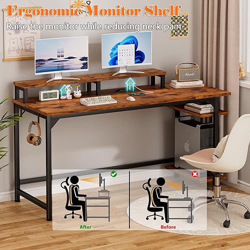 Miniatura 9 de Furologee Escritorio para computadora con estación de carga y luces LED, escritorio de juegos de oficina de 55 pulgadas con estantes ajustables y