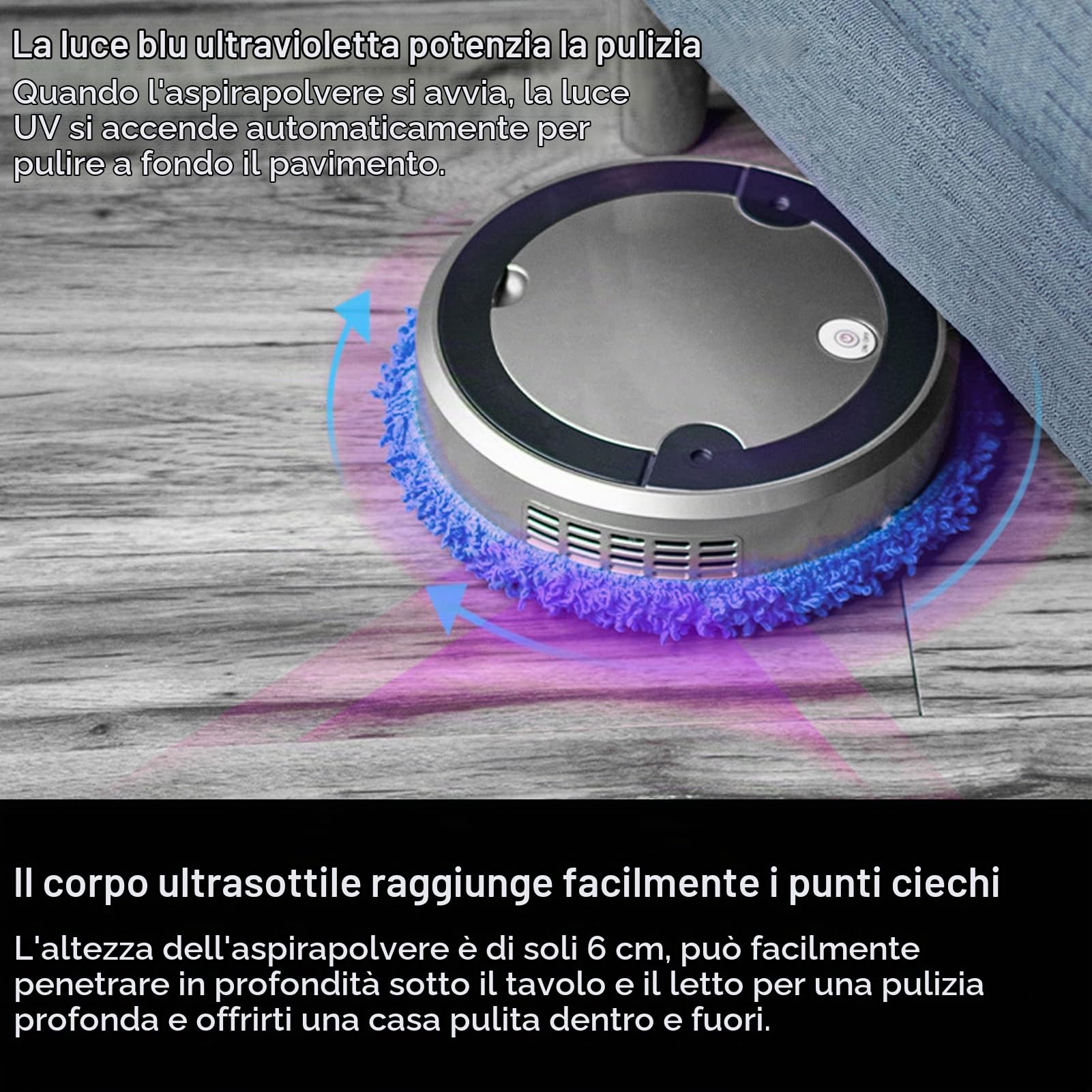 Tonysa Robot Aspirapolvere, Spazzatrice con Aspirazione e Scopa Combinata Robot Aspirapolvere e Lavapavimenti, Manutenzione del Pavimento, Ricarica USB, Batteria da 2400 mAh, 120 Minuti