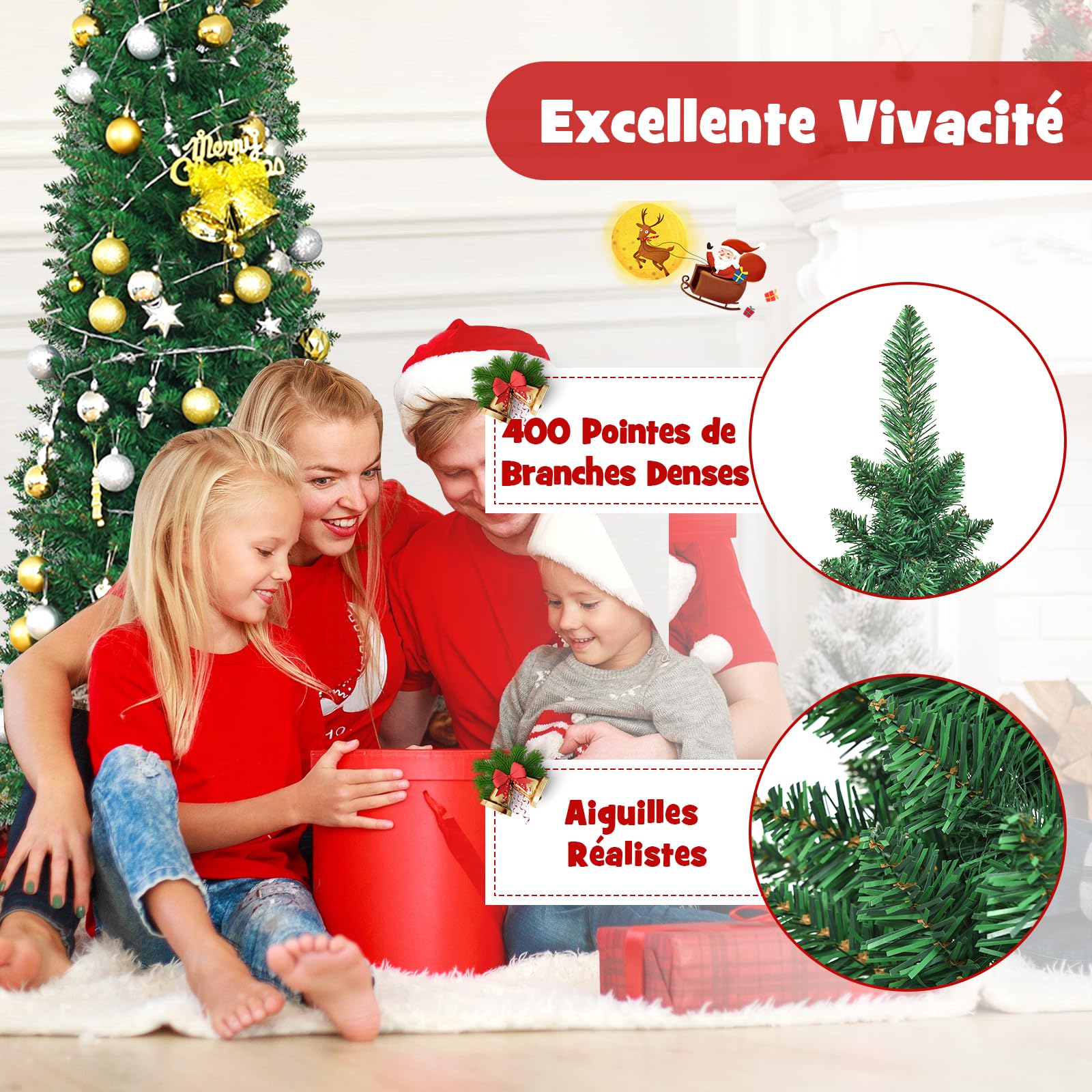 GYMAX Sapin de Noël 180cm Slim Artificiel, 400 Branches en PVC, Support Métallique Pliable, Sapin Mince Gain de Place pour Maison, Magasin, Bureau