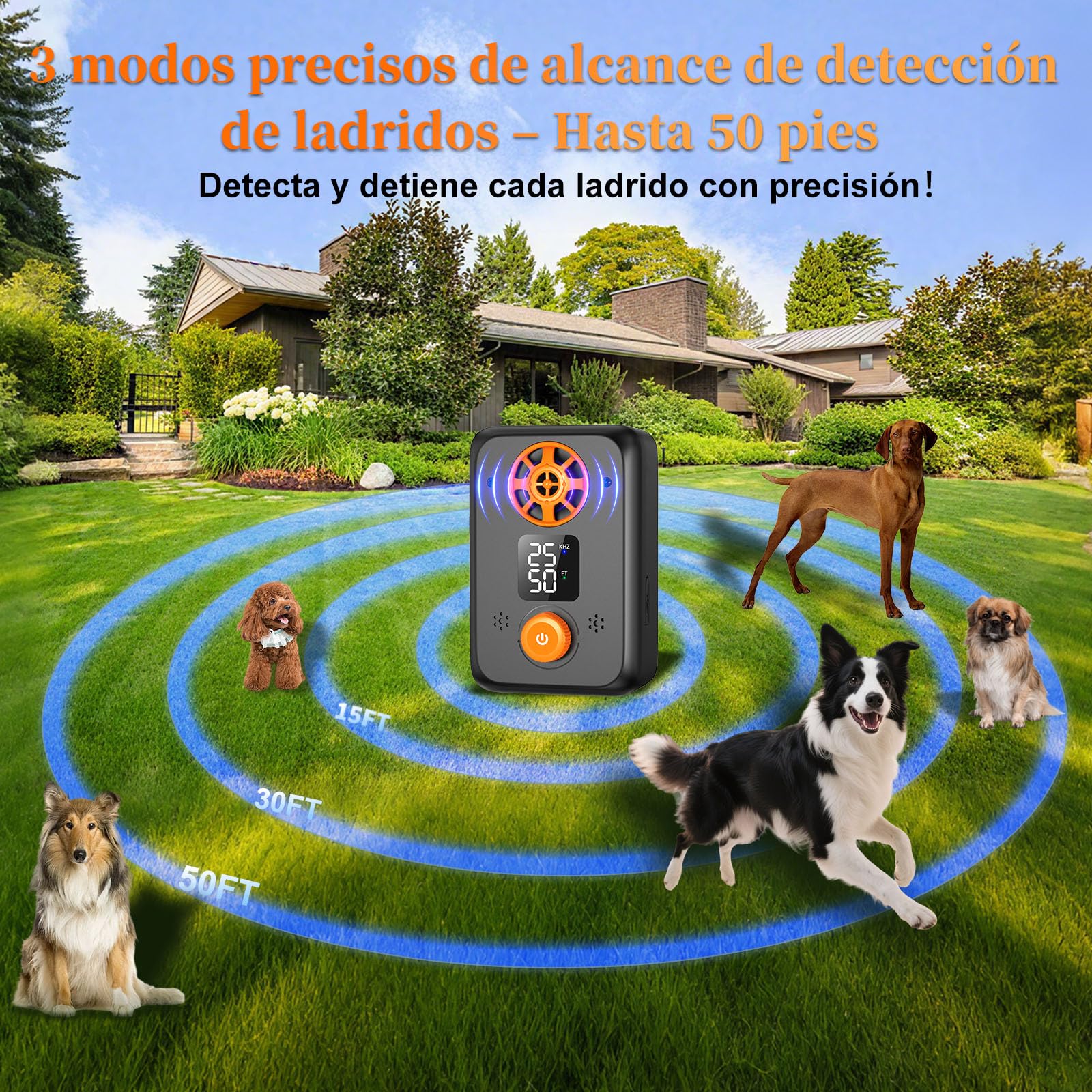 Anti Aboiement Chien Ultrason Puissant - Appareil Anti-Aboiement Ultrasonique Chien avec 5 Fréquences Ajustables, 3 Portées, Arrêt Automatique du Aboiement Intérieur/Extérieur
