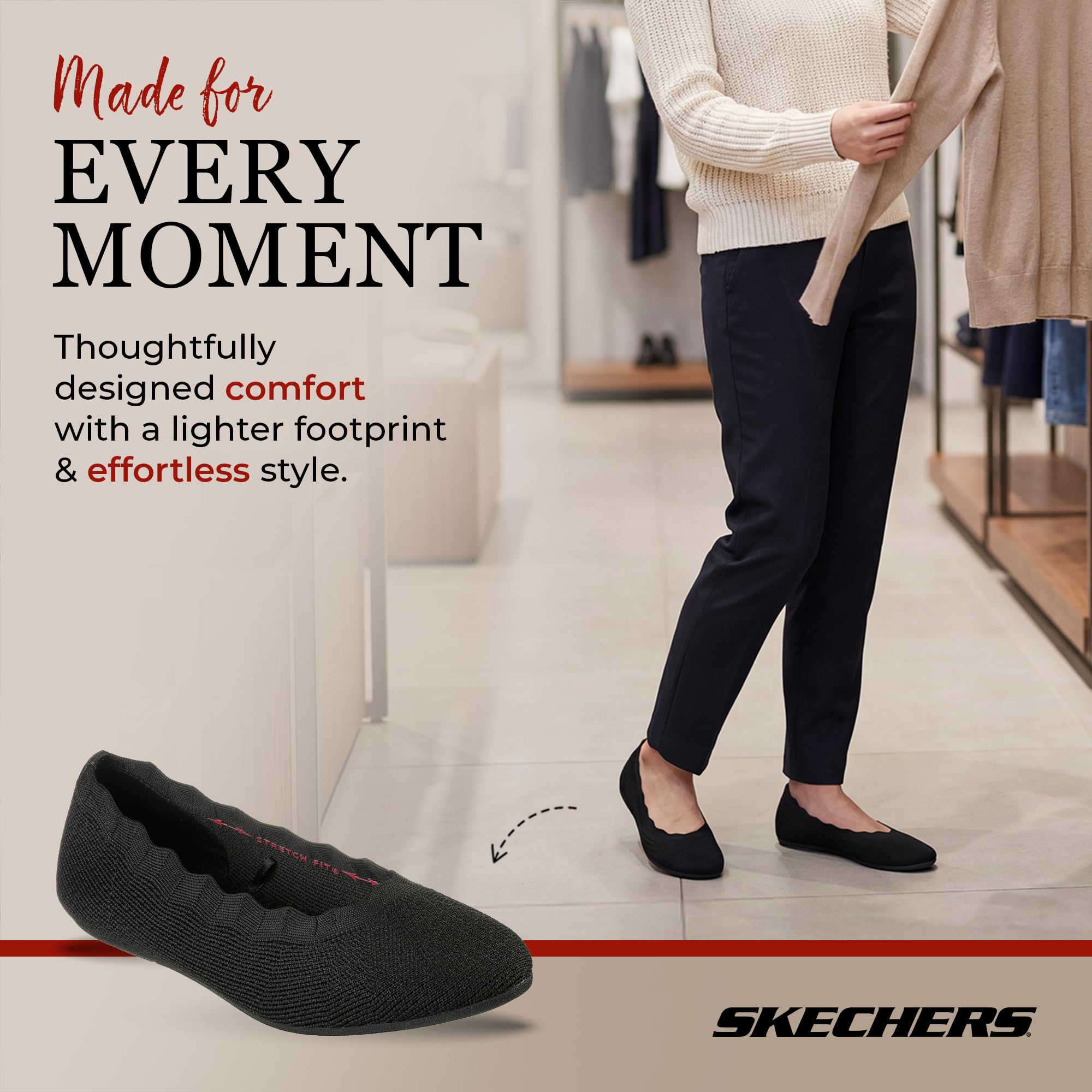 Skechers Cleo 2.0 - Love Spell Scalloped Knit Skimmer Flats with Air-Cooled Memory Foam BallerinesFemme