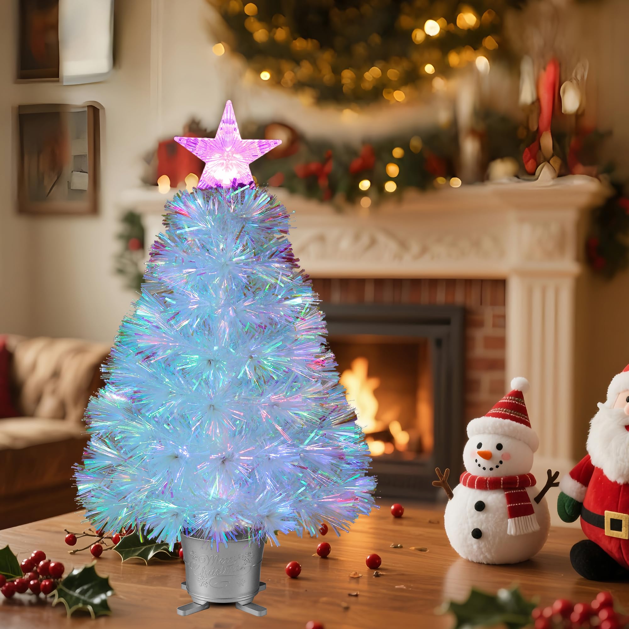 YUETJIN Petit sapin de Noël artificiel de table en fibre optique pré-éclairé de 61 cm avec étoiles - Transparent