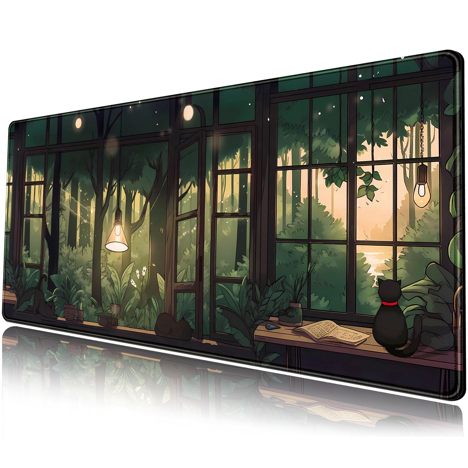 Cute Lofi Desk Mat Green Plants Mouse Pad Large Black Cat Aesthetic Desk Pad Kawaii Anime Extended Gaming Mousepad XL Laptop Keyboard Mouse Mat Deskmat 31.5"x11.8" Cute Office Decor