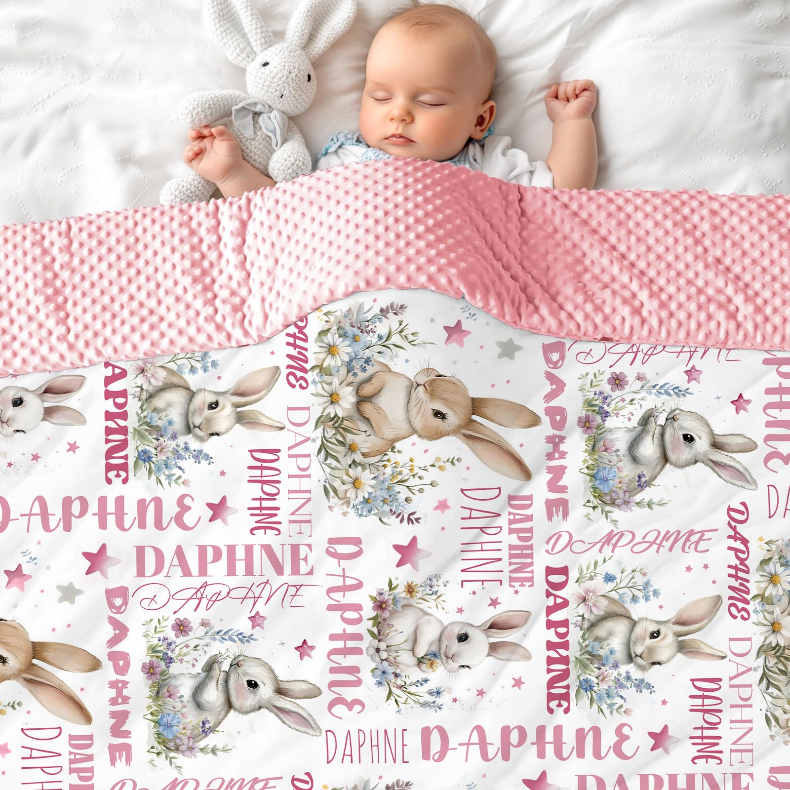 MJARTORIA Personalised Nane Blanket, Customised Baby Blanket with Name Text for Girl Adult Soft Bubble Style Rainbow Elephant Blanket 100cm/150cm/200cm (Pink Easter-2)
