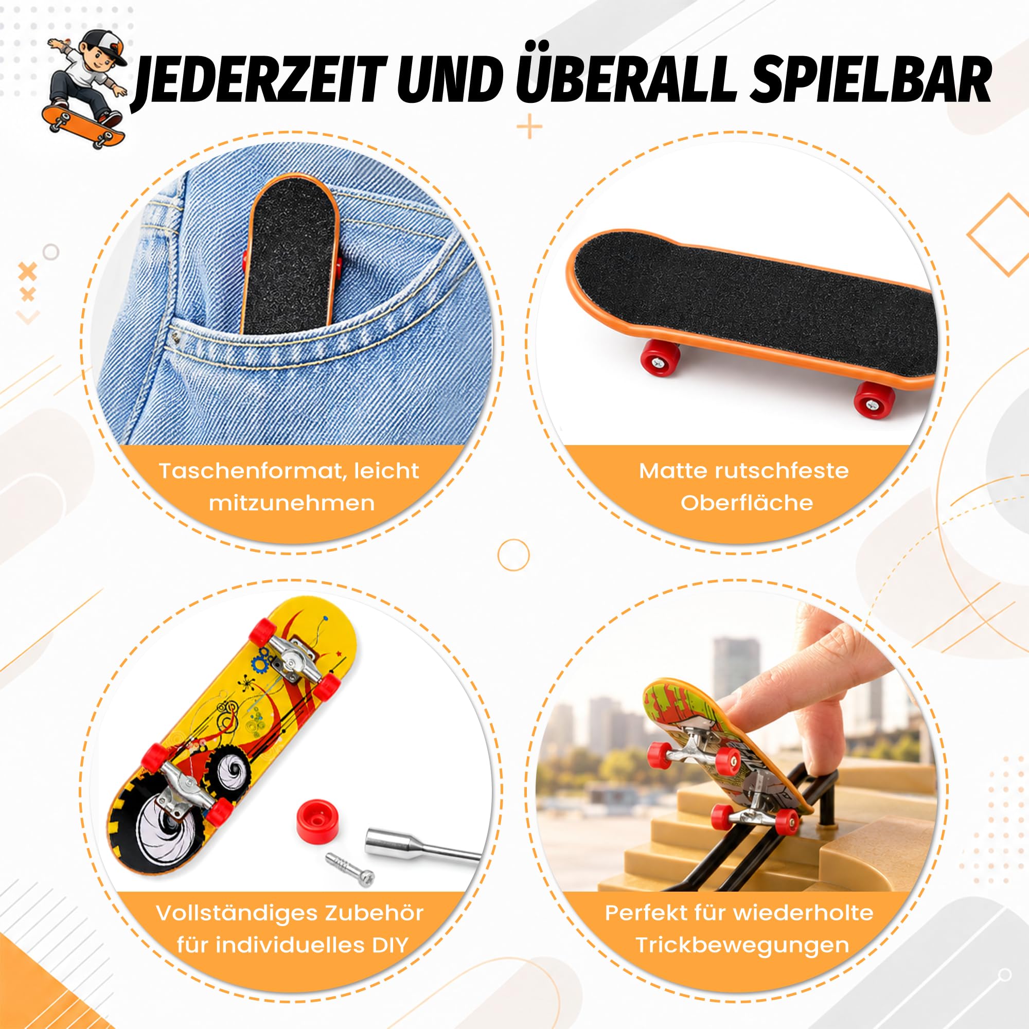 iPalamila Zestaw 6 w 1 deskorolka parkowa – z 6 rampami i 6 mini fingerboardami – idealna dla fanów fingerboardów, dzieci i początkujących, do ćwiczenia sztuczek i zabawy.