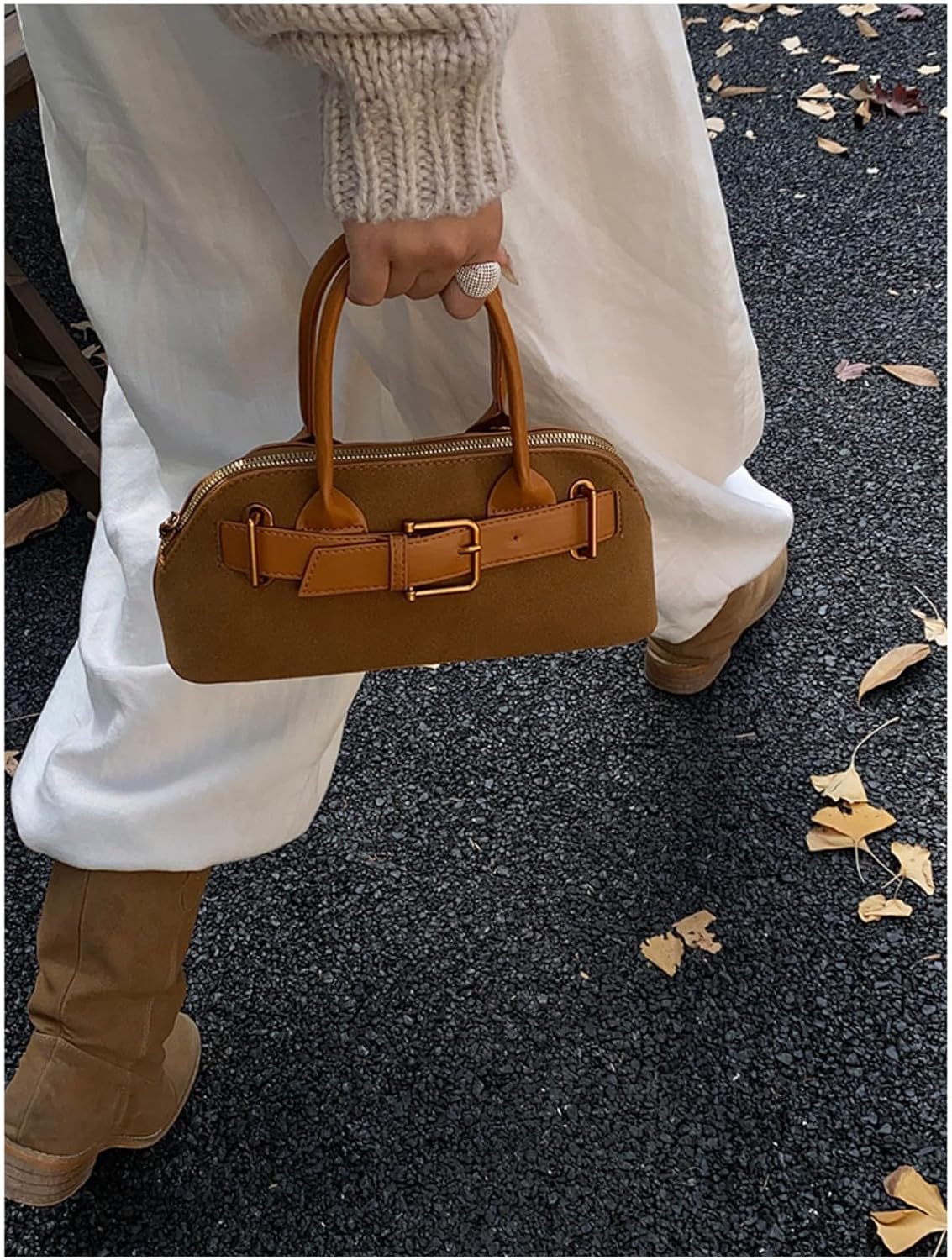 Women Suede Tote Bag Shell Leather Crossbody Shoulder Bag Minimalist Korean Style with Belt Buckle Design - Image 2