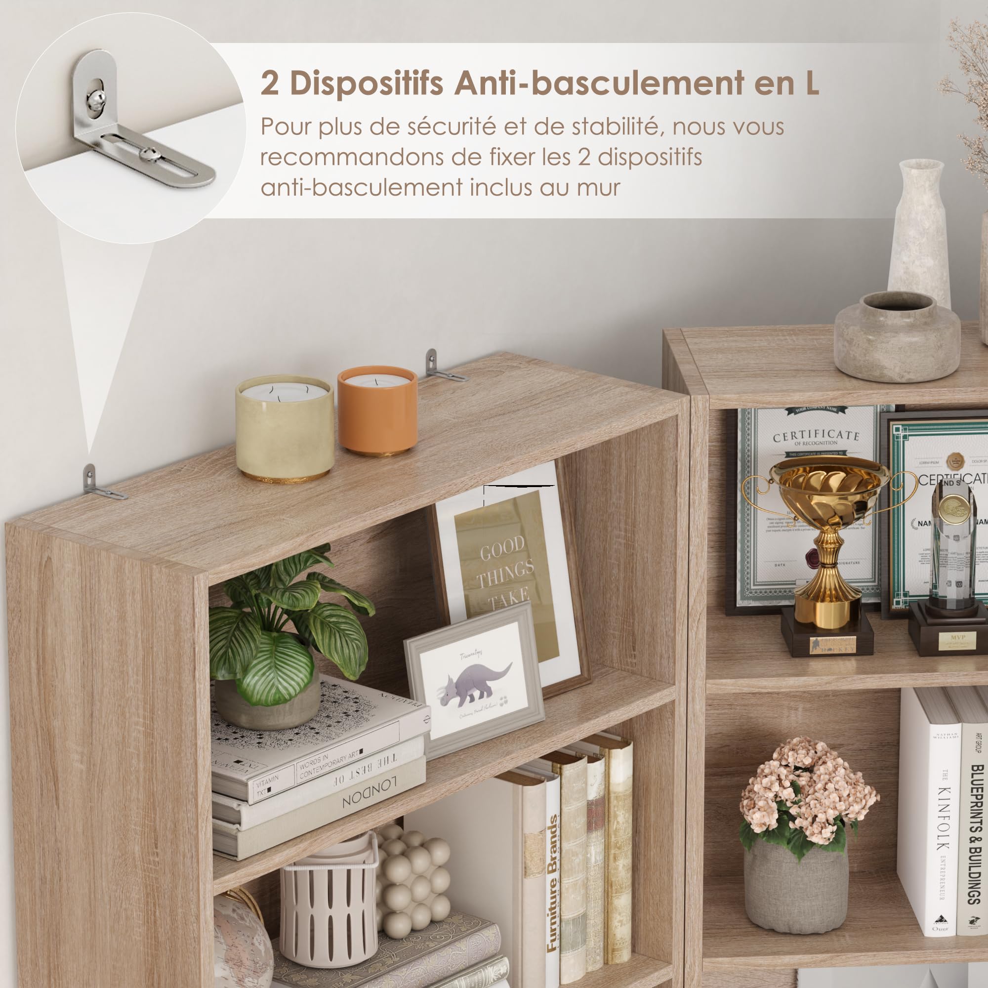 FirFurd Bibliothèque Étagère à 6 Niveaux Haut Meuble de Rangement Chêne | 180x60x23,5cm, Bibliotheque étagères de Rangement ouverte, Colonne, Bibliothèques pour salon bureau chambre,appart,coins