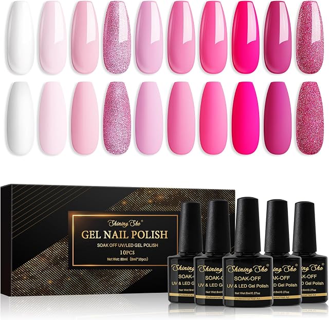 Shining She Gel Nail Polish Set Pink, 10 Colors Pink Rose White Glitter Gel Polish Kit Soak-Off UV/LED Blue Series Nail Polish Gel Gift for Nail Art Salon DIY Home, 8ML