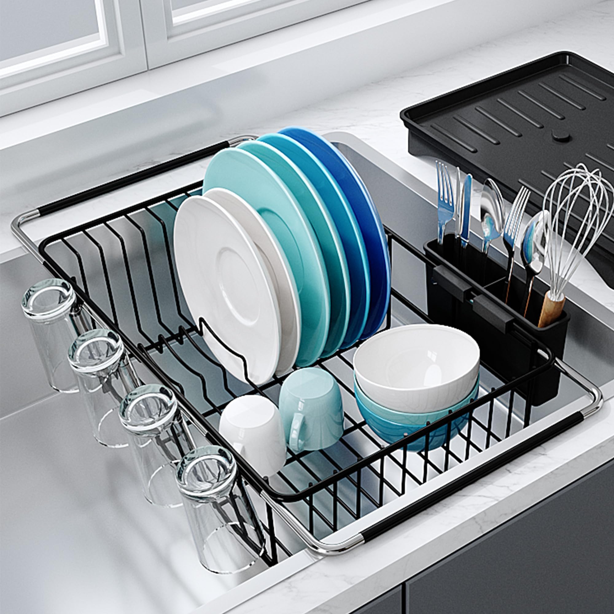 MAJALiS Sink Dish Drying Rack- Stainless Steel Dish Rack with Drainboard for Kitchen Counter, Inside Sink Dish Dryer Racks, 10.4''W x 15.5''~23.5''L, Black
