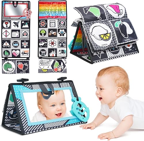 Espejo para el tiempo boca abajo, juguetes para bebés de 0-3-6-12 meses, juguete para recién nacido, con alto contraste, libro sensorial Montessori