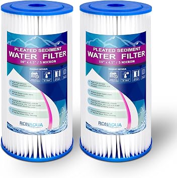 Big 10 x 4.5 inches Pleated Washable & Reusable Sediment Filter 5 Micron Amplified Surface Area, Removes Sand, Dirt, Silt, Rust, Extended Filter Life for 10" Big Housing Set of 2