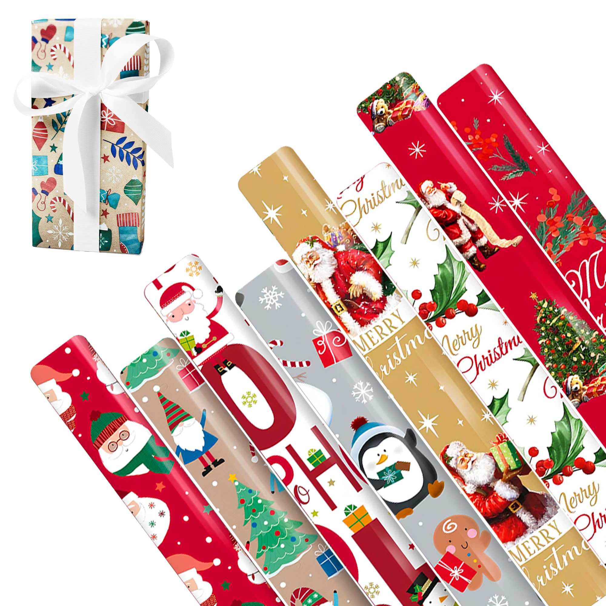 32M Cute Christmas Wrapping Paper Roll (8 x 4M Each Rolls) Ideal for Xmas, Festive Season - Gift Wrapping Paper for Party, Birthday & Xmas Gift Decoration with ZINNIAUK