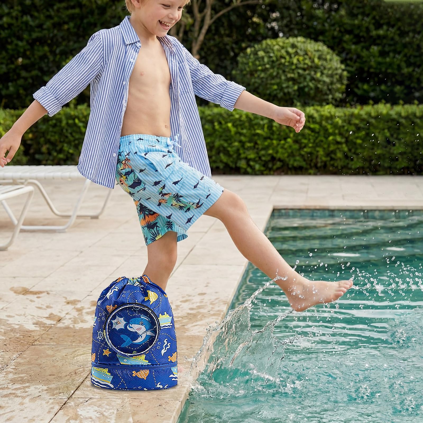 Zaino da Nuoto Bambini con Coulisse, Squalo | Borsa Impermeabile, Portascarpe, Grande Capacità, Con Cerniera, Per Piscina, Palestra, Spiaggia