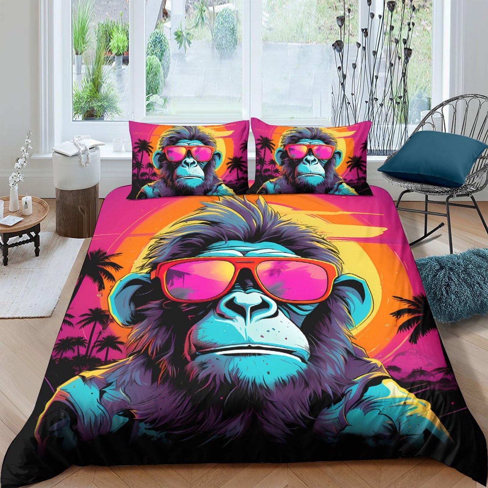 Ctjqhvkz Style-3 3D Printed Funky Gorilla Fitted Sheet Microfiber Colourful Sunglasses Mattress Cover For Bedroom Dorm Decor Single（135X200cm）