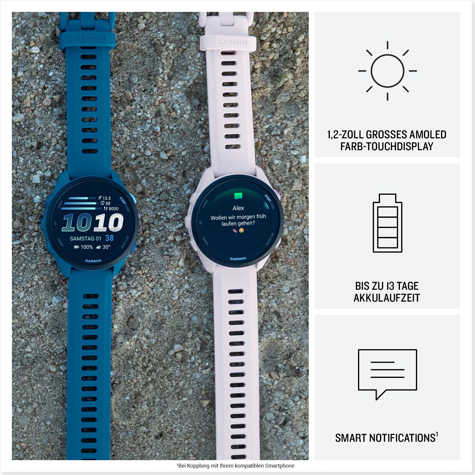 Garmin Forerunner 70 43mm (Amazon Exclusive) - Lauf-Smartwatch, 1,2" AMOLED Touchscreen, bis zu 13 Tage Akkulaufzeit, Trainingsempfehlungen, Gesundheitsdaten, 80+ Sport-Apps, Notifications