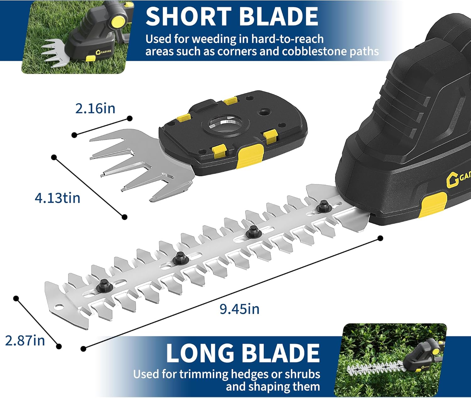 Cordless Hedge Trimmer, 2-in-1 Electric Hedge Trimmer, 20V 2.0Ah Grass Shears and Hedges Trimmers, with 2 Battery and Charger, Usage Time Can Last Up to 120 Minutes, for Gardens, Yards and Lawns