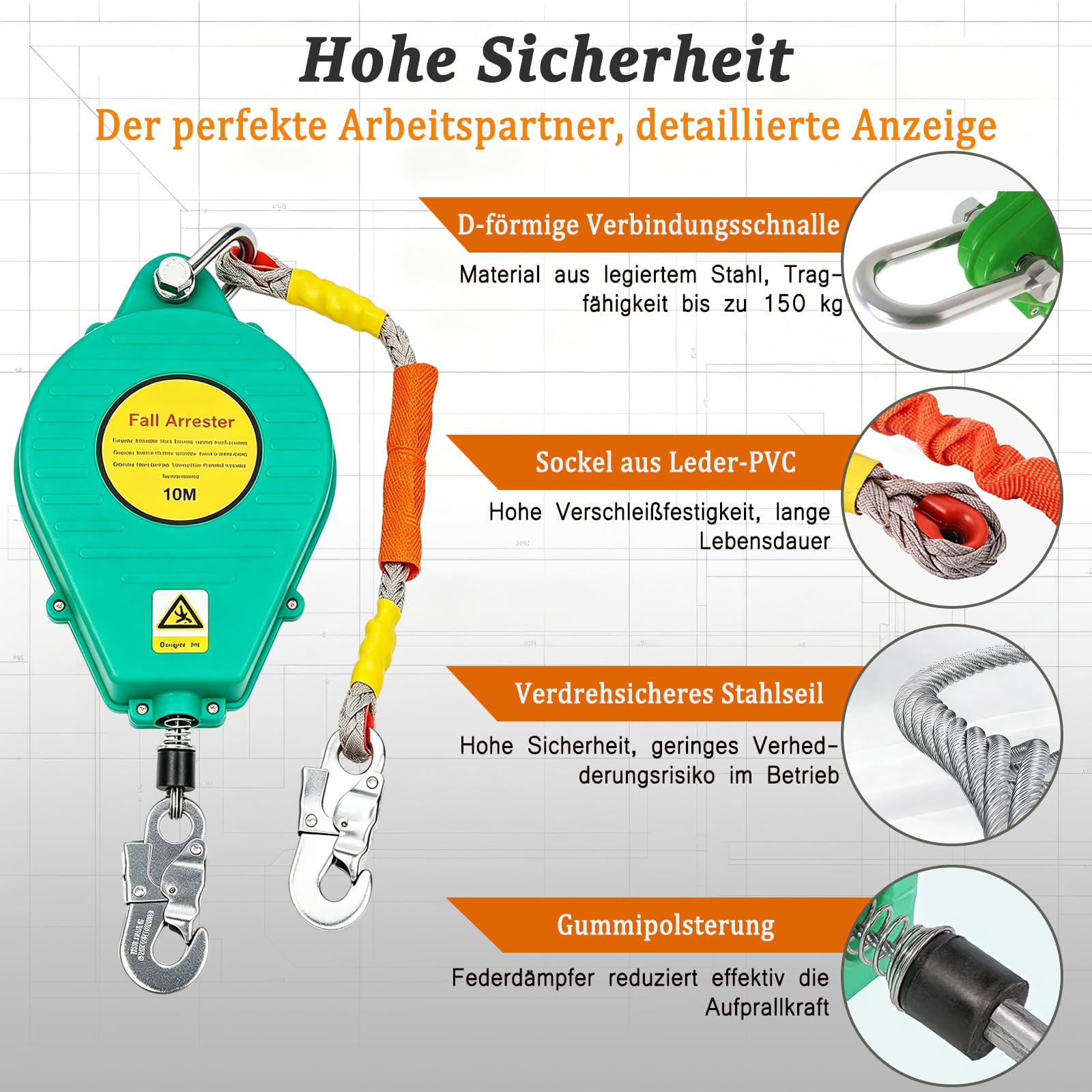Höhensicherungsgerät Absturzsicherung 3m/5m/7m/10m/15m/20m (5m)