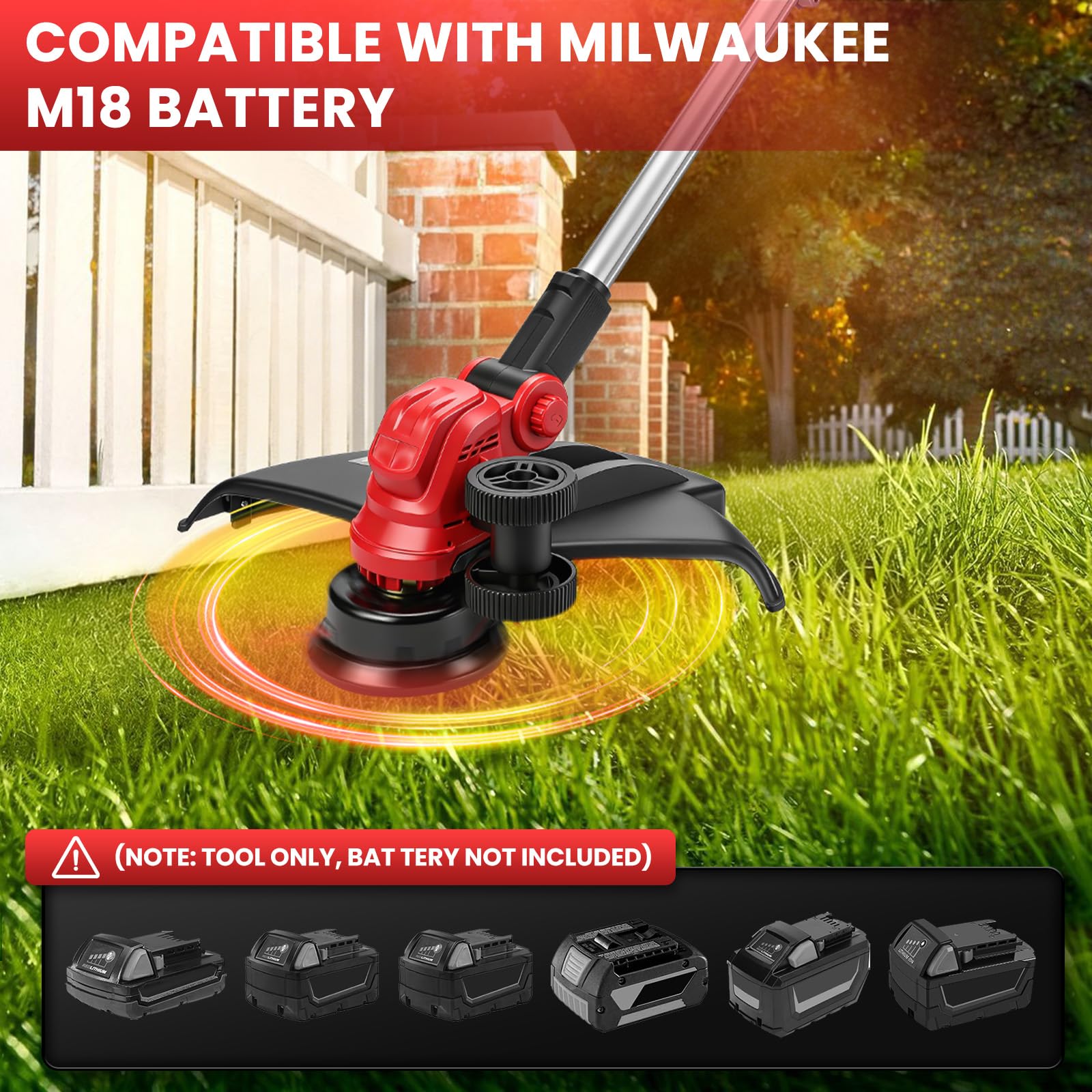 Akumulatorowa podkaszarka do trawy kompatybilna z akumulatorem Milwaukee 18 V, 5 w 1, bezszczotkowa elektryczna podkaszarka do trawy, 180°, kąt przycinania 90°, do przycinania trawnika, ogrodu i
