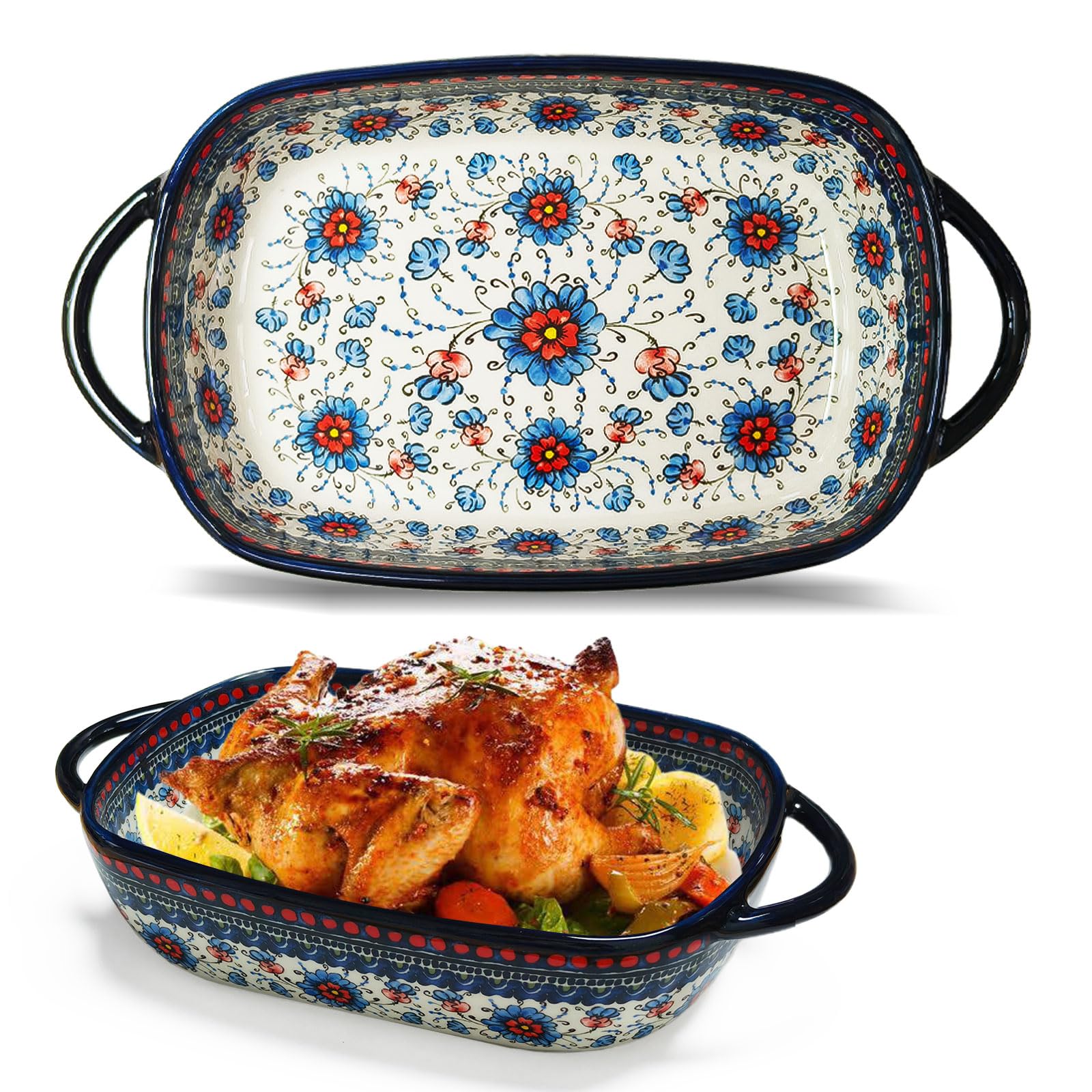 MeYuxg Ceramiczne naczynie do zapiekanki, lasagne z uchwytami, 23,5 x 13 cm, ceramiczna w stylu vintage, prostokątna, kolorowa, glazurowana, porcelanowa, forma do pieczenia lasagne, tiramisu