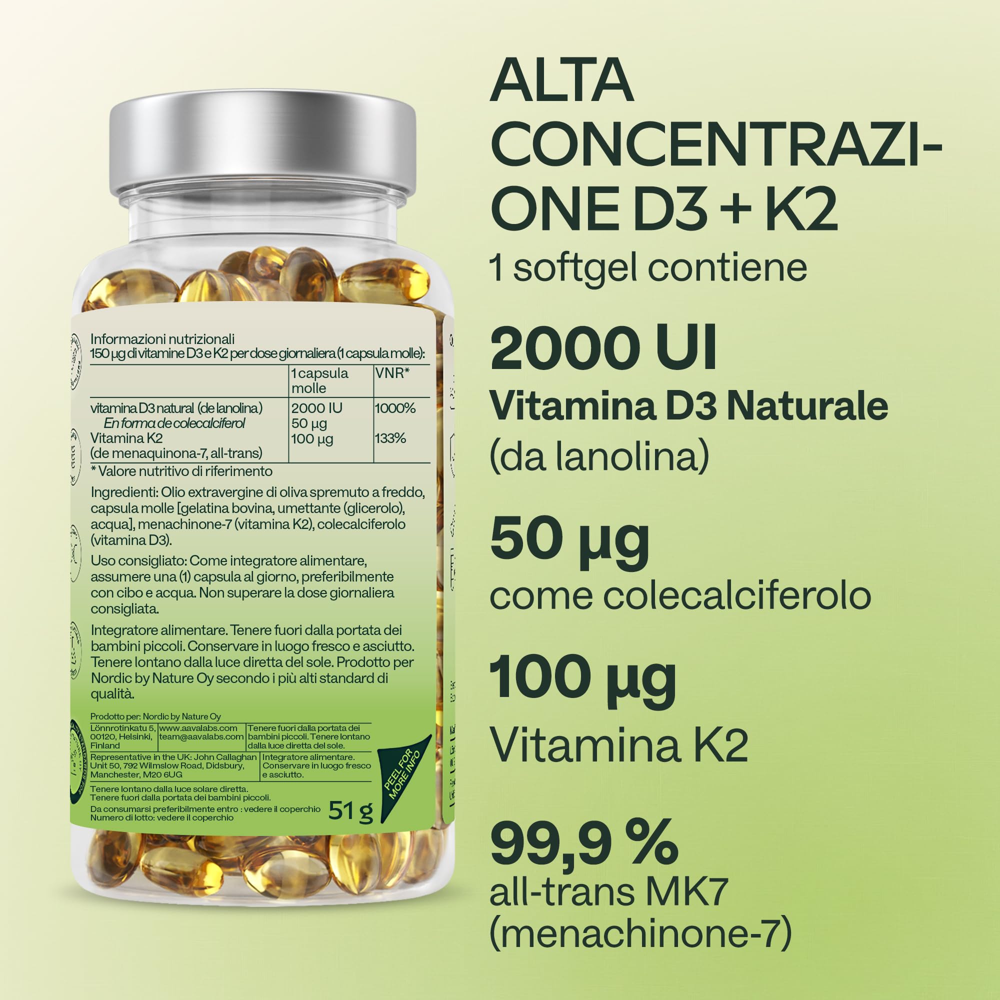 Vitamina D3 K2 Alto Assorbimento Olio Extravergine d'Oliva - Vitamina D3 2000 UI + Vitamina K2 MK7 100 μg - Vitamina D 2000 UI e Vitamina K - 180 Capsule