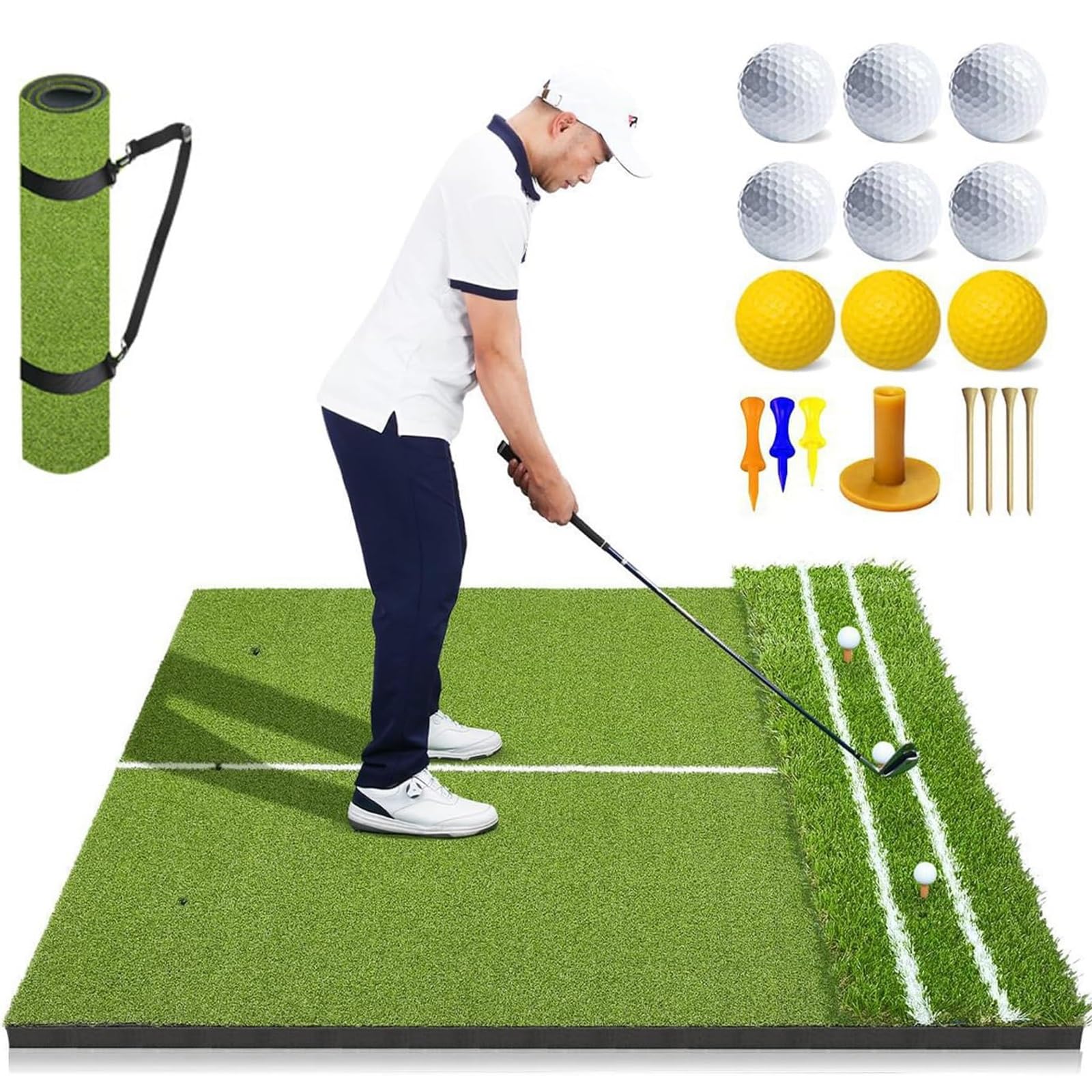 Alfombrilla de golf con césped artificial y 6 accesorios, para conducción, astillado y práctica de putt