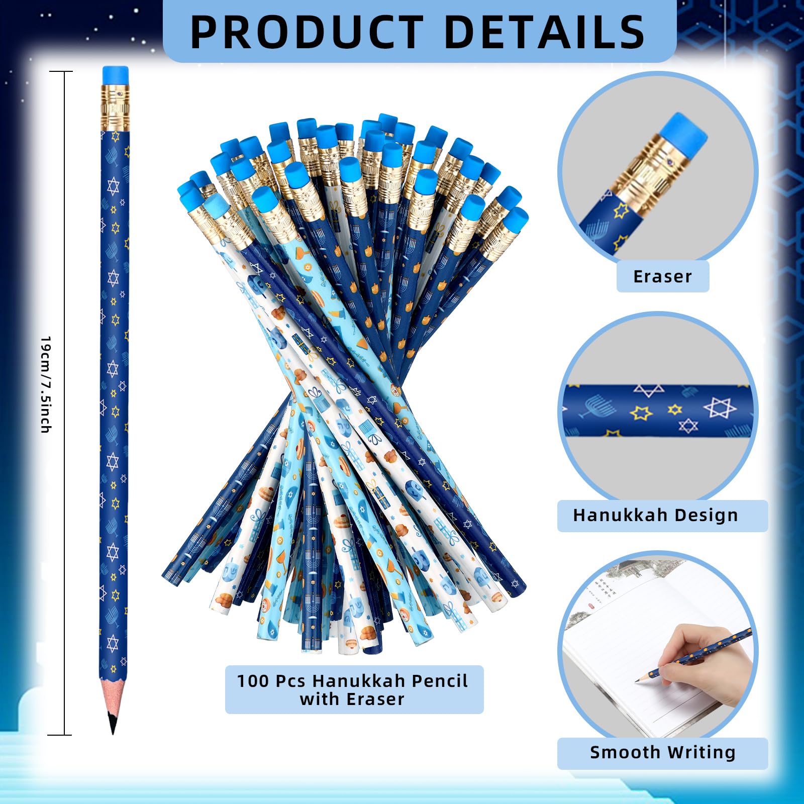 Tenceur 100 lápices de madera de Hanukkah con borrador, surtido de lápices de Janucá, regalo para niños, diversión de escritura, suministros escolares divertidos para aula, recompensa de estudiantes