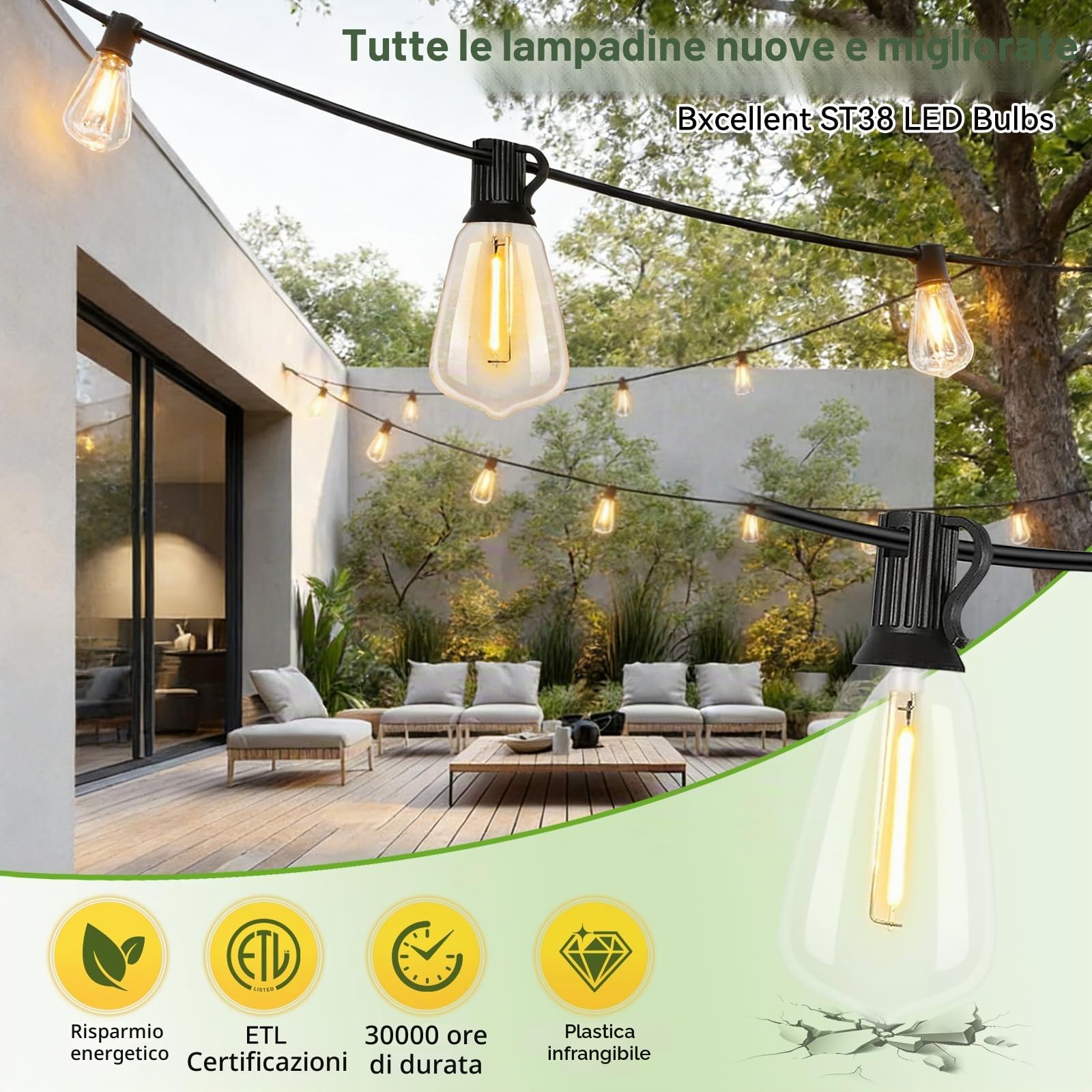 Lampade a Catena Esterno ST38 45M/150FT, 77 Lampadine LED +2 di Ricambio, Impermeabili IP44, Luce Calda 2200K, per Giardino Terrazzo Feste