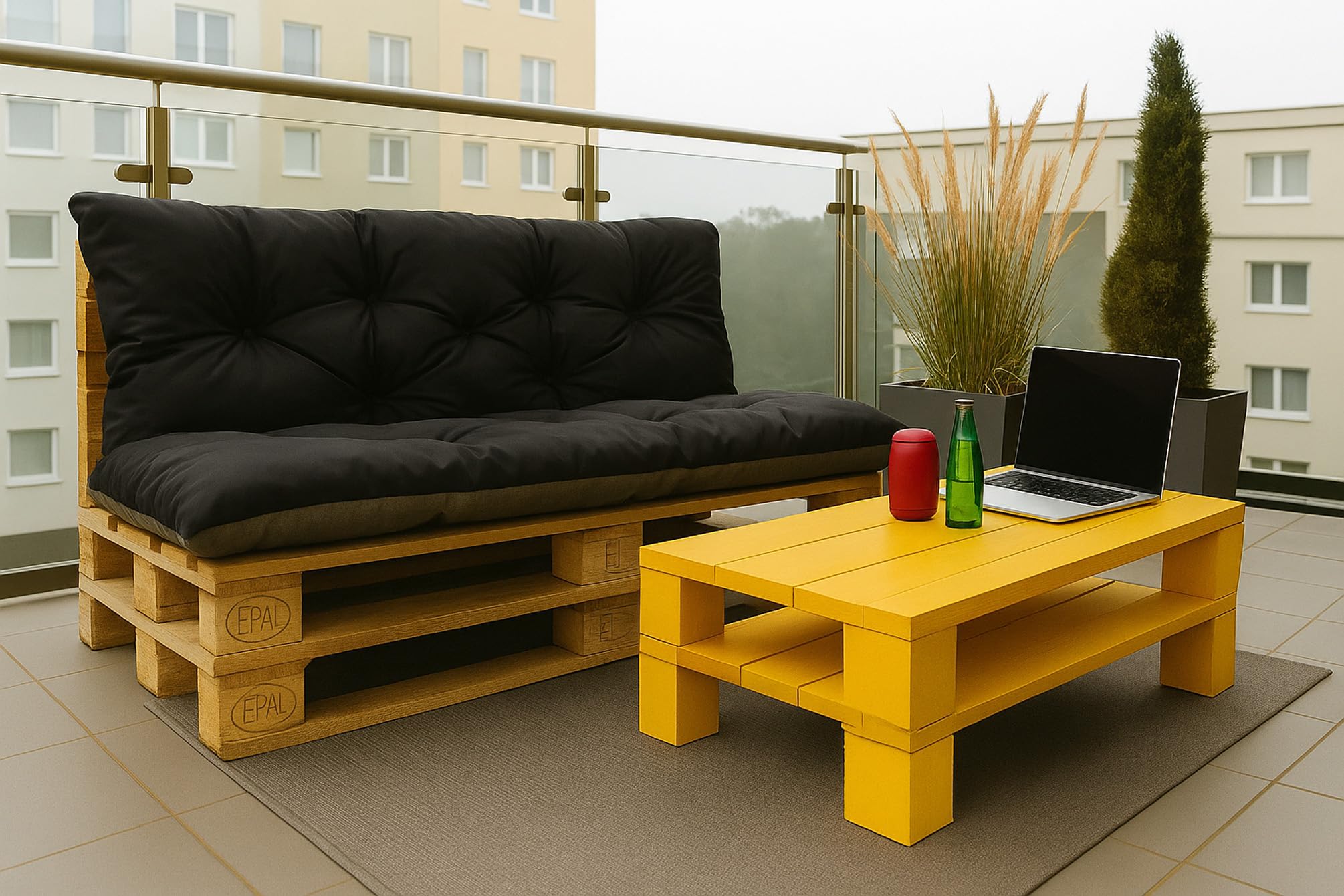 Cuscini pallet, Cuscini per pallet esterni/Cuscino Euro Pallet, Cuscino Divano, Cuscino Soggiorno da Giardino (Set:120x50+120x40cm, Nero)