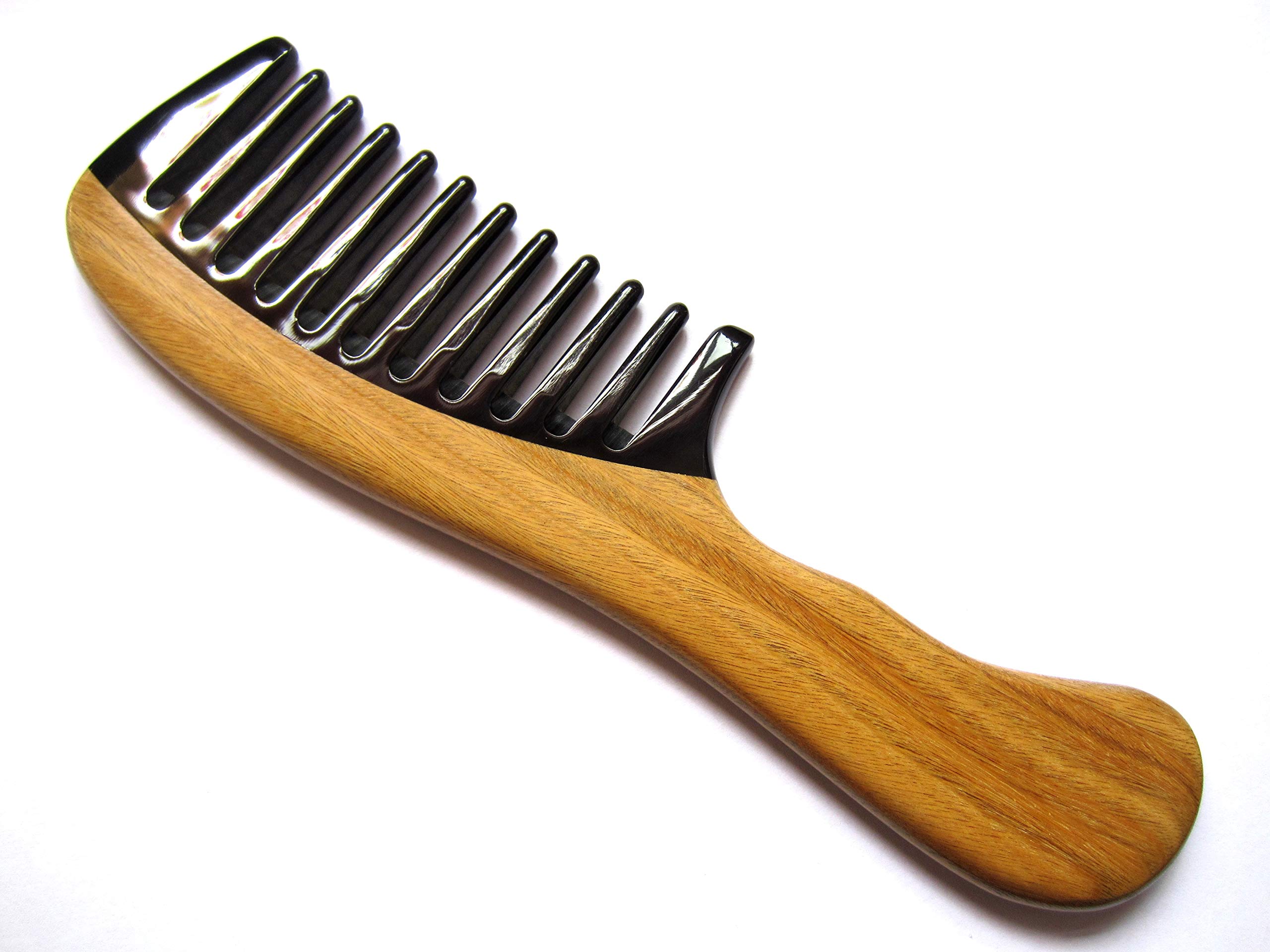 Myhsmooth Bb-1w-mt Wide Tooth Handmade No Static Black Buffalo Horn Comb with Green Sandalwood Handle(7.3''2'')