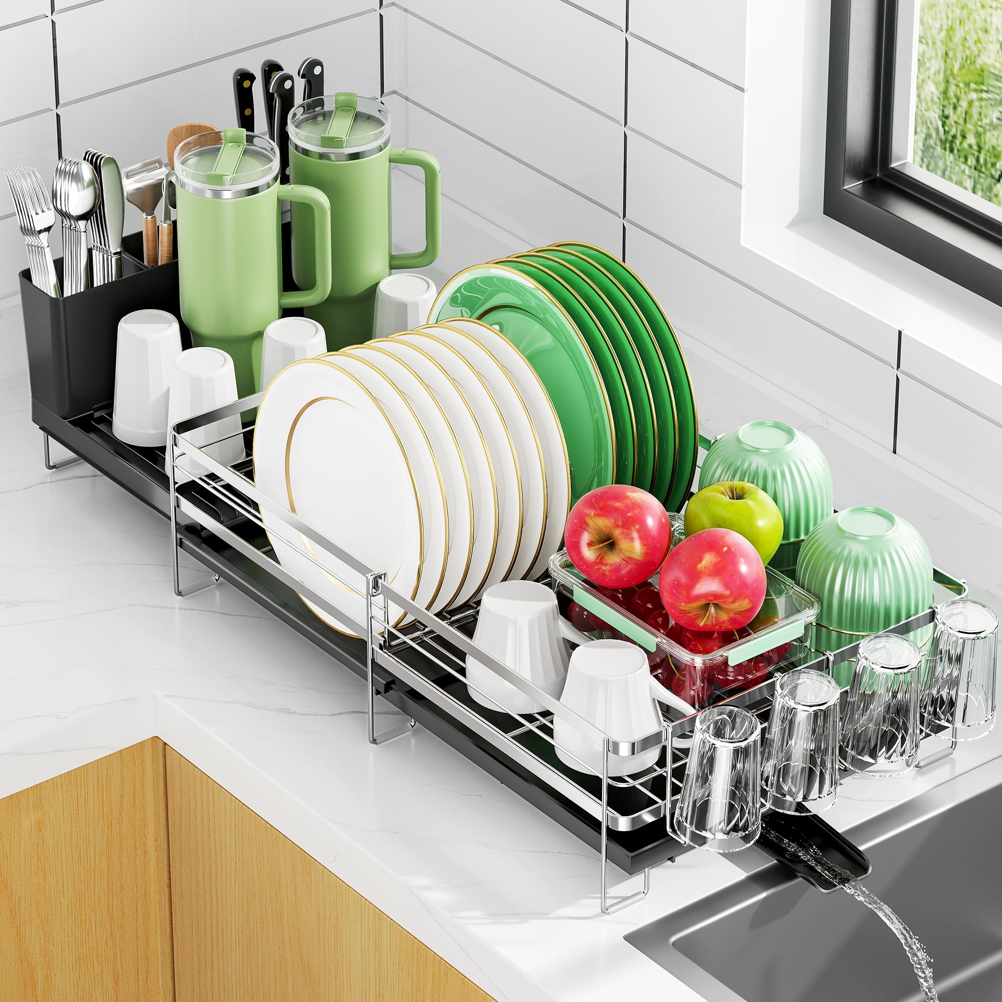 Photo 1 of Pantasia Large Dish Drying Rack, Expandable Dish Rack, Stainless Steel Anti-Rust Dish Racks for Kitchen Counter, Multifunctional Dish Drainer with Utensil Holder & Cup Holder, 13.4"-28.7" L x 11.8" W