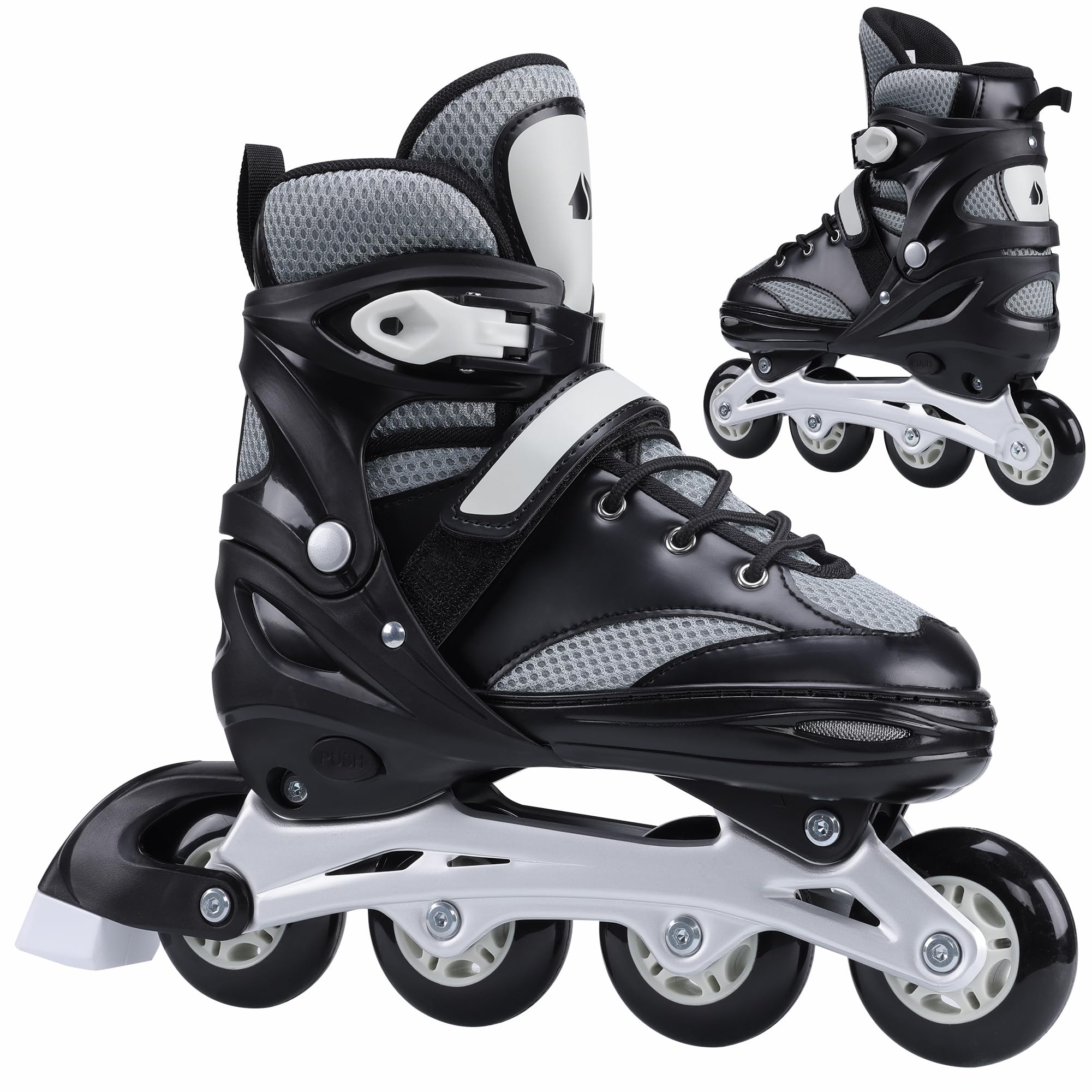 Navaris Adjustable Roller Skates - Inline Skates for Boys and Girls - Easy-Fasten Youth Rollerskates w Tool Kit Replaceable Brake - for Kids US 3.5-6 (EU 35-38) Gray