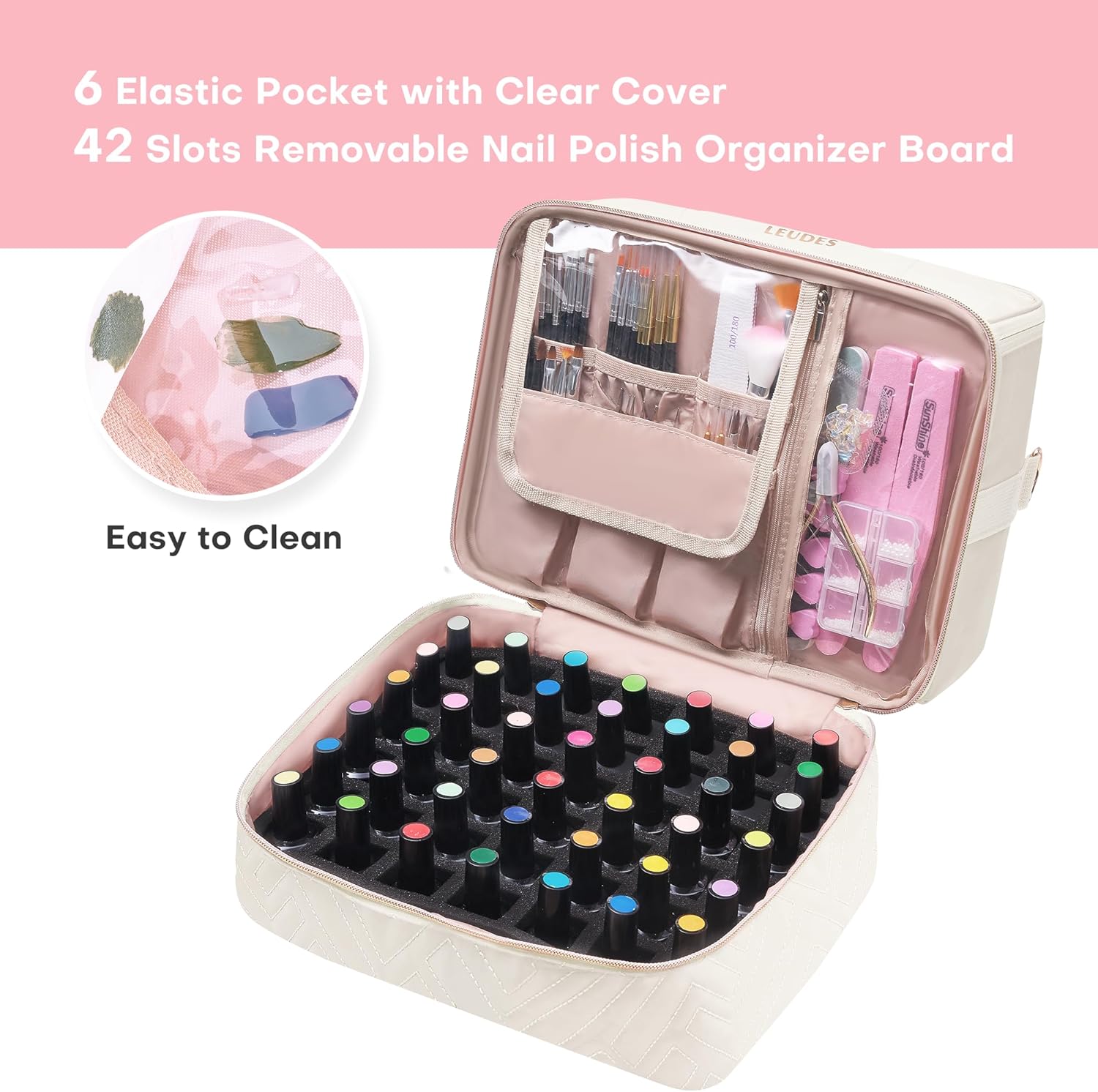 Leudes Nail Polish Organizer and Storage Holder 42 Bottles&Manicure Kit &Nail Lamp,Nail Stuff Bag Organizer Travel Case for Nail Tech Supplies Accessories Manicure Tools (Beige)