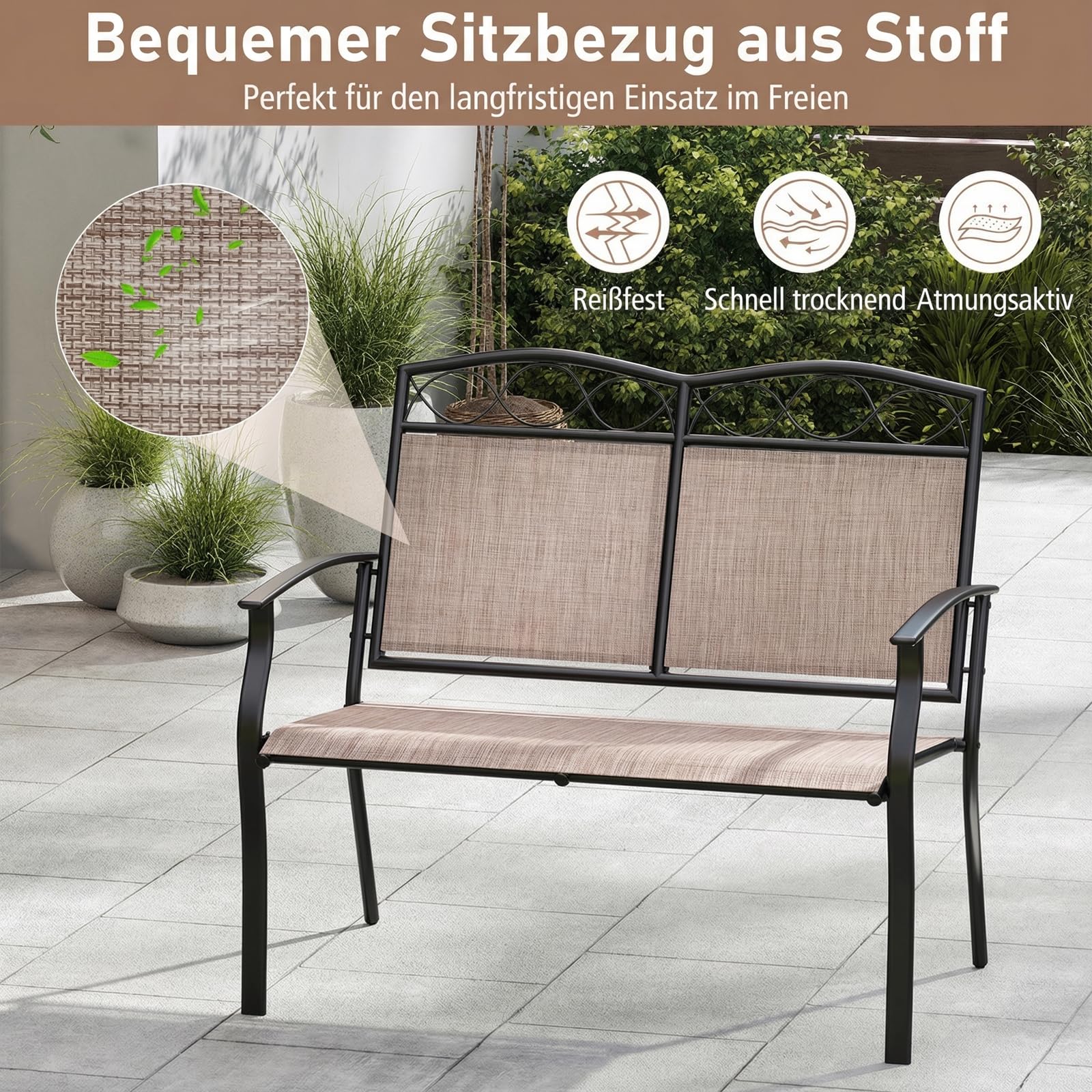 COSTWAY Gartenbank wetterfest, Outdoor Sitzbank für 2 Personen, Balkonbank mit Metallrahmen, atmungsaktivem Stoff, bis 300 kg belastbar, für Garten, Balkon, Terrasse