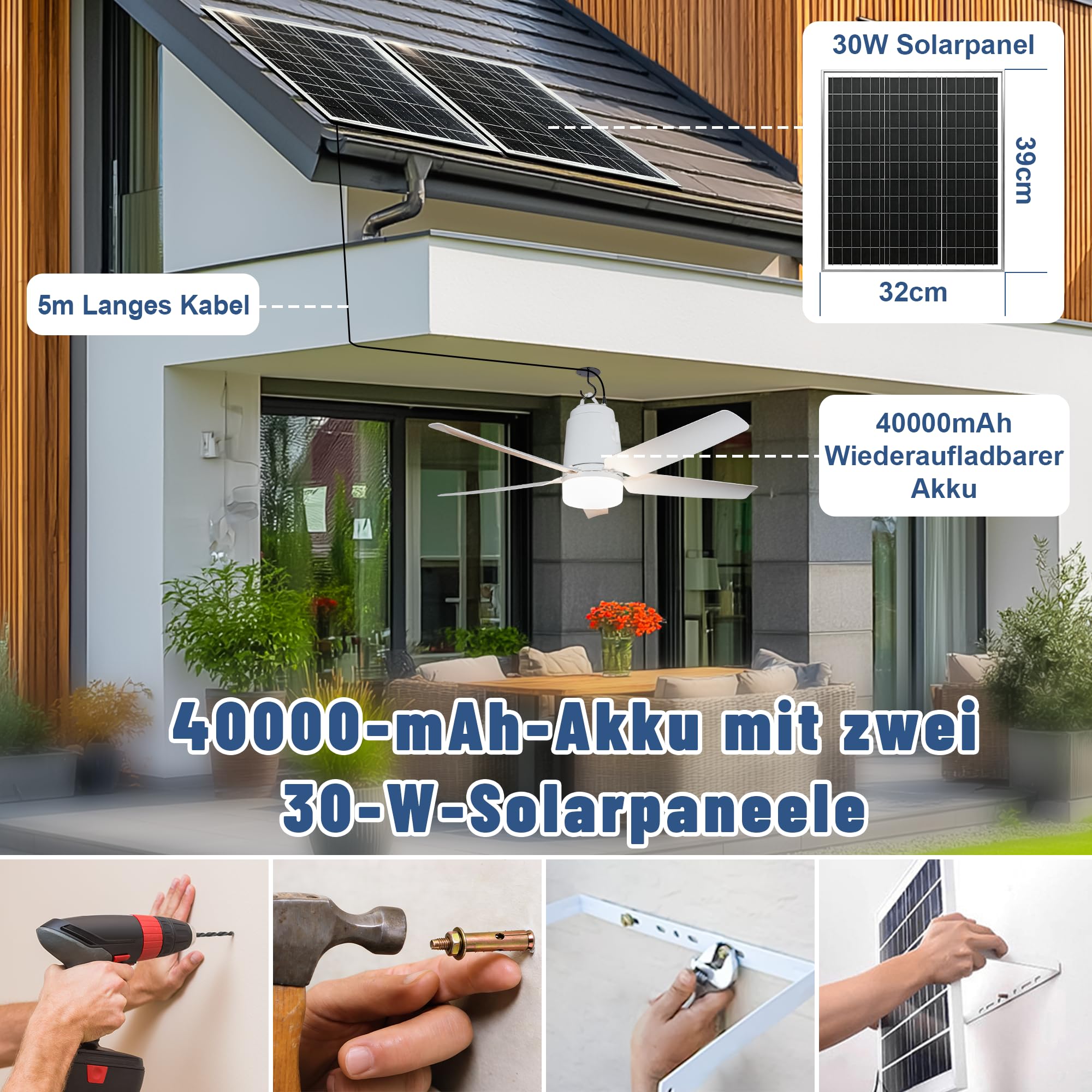 80CM Solar Deckenventilator mit Beleuchtung für Outdoor, 60W Solarpanel und 40000mAh Akku Groß Mobiler Ventilator mit Licht, Fernbedienung & Haken für Camping, Pavillon, Terrasse, Zelt, Hühnerstall
