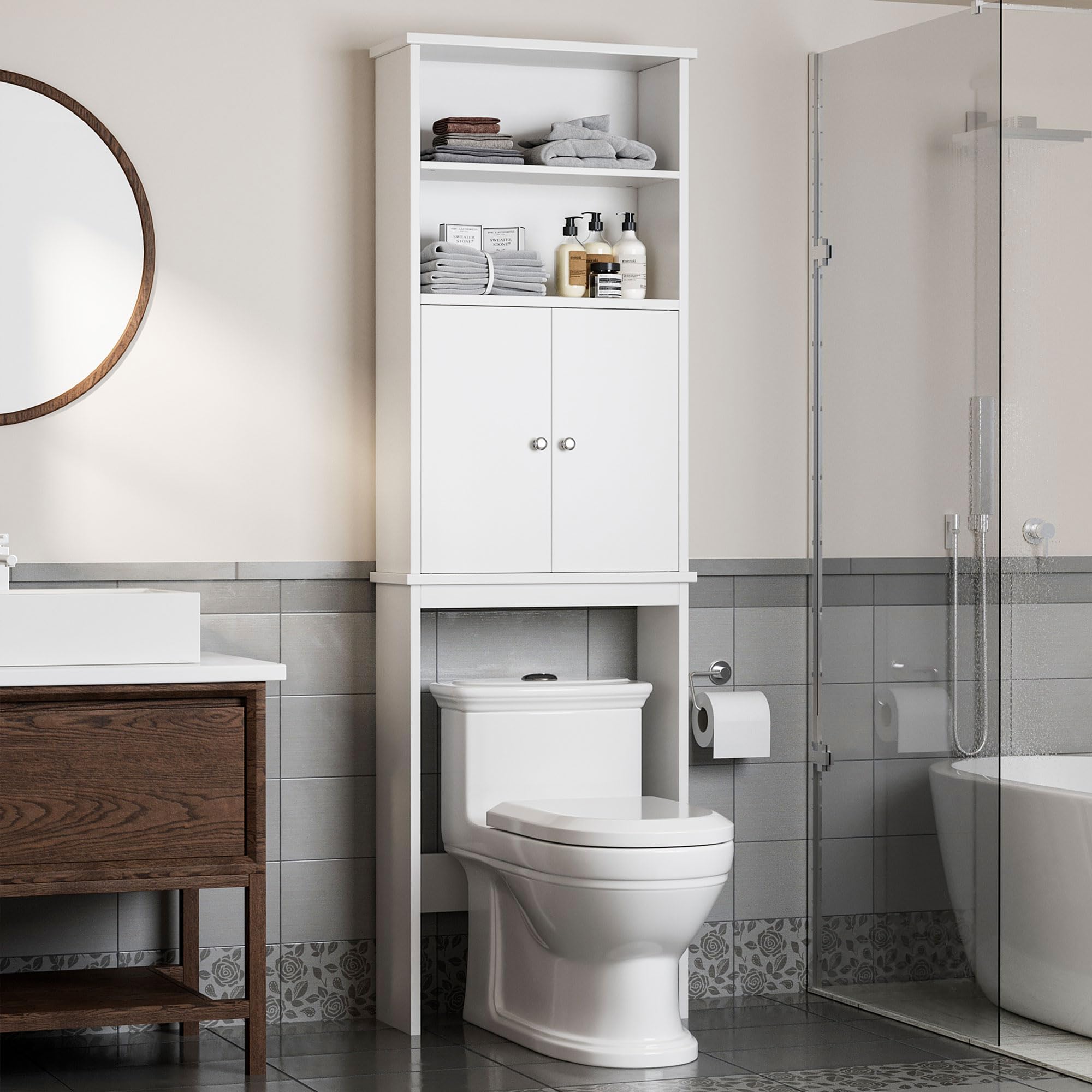 Shintenchi Over the Toilet Storage Cabinet, Bathroom Above the Toilet Rack, Bathroom Adjustable Shelf Organizer with Open Bottom Bar and Anti-Tip Device, White