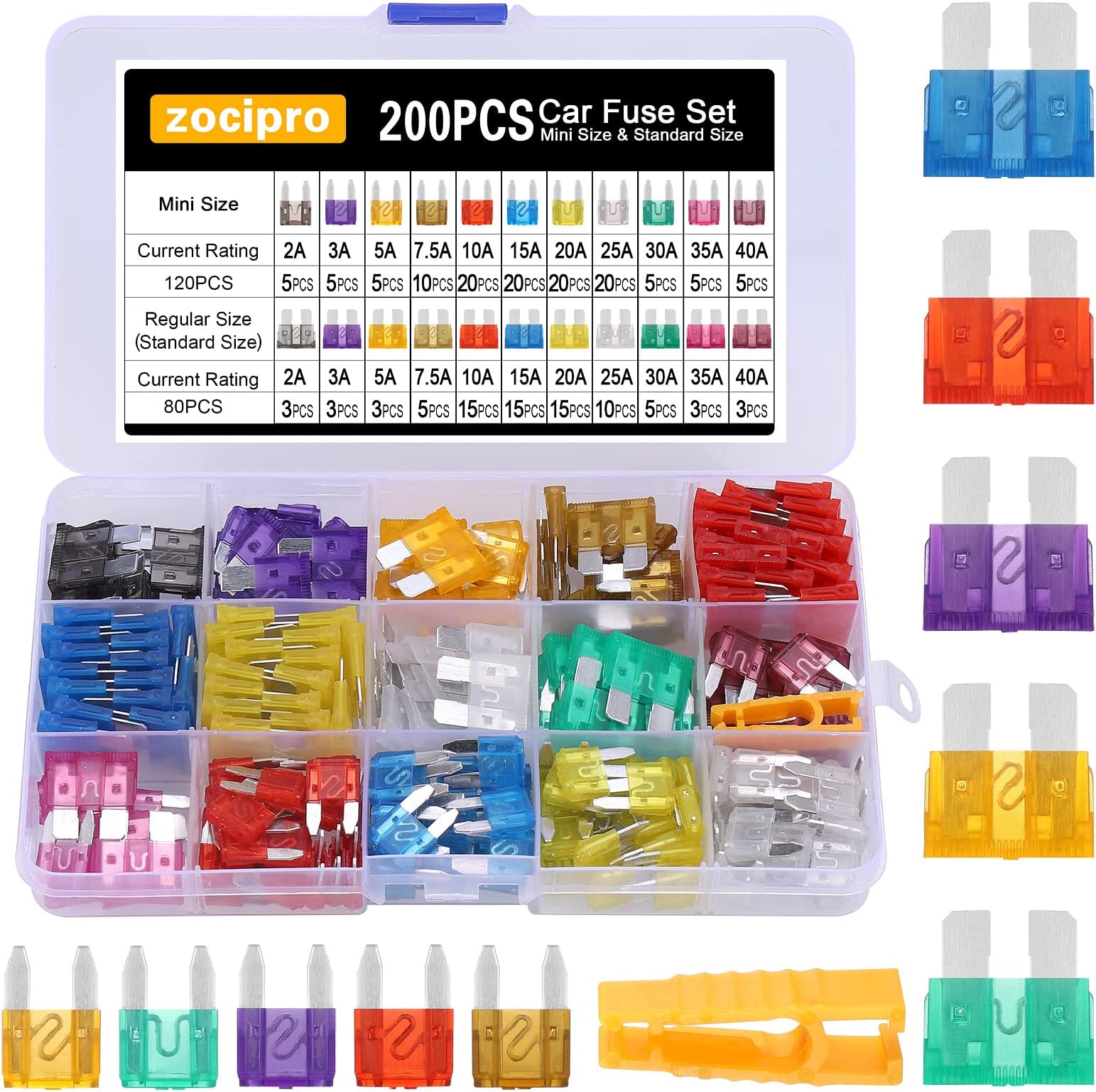 200Pcs Car Fuses Assorted, 120 Mini Blade Fuse +80 Standard Car Fuse+1 Fuse Puller, Replacement Kit For Car Boat Truck SUV (2A 3A 5A 7.5A 10A 15A 20A 25A 30A 35A 40A)