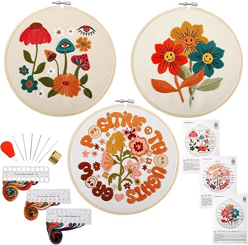 Miniatura 1 de Kits de bordado para adultos principiantes, kit de punto de cruz para principiantes adultos, kit de bordado de flores, 3 aros de bordado, tela,